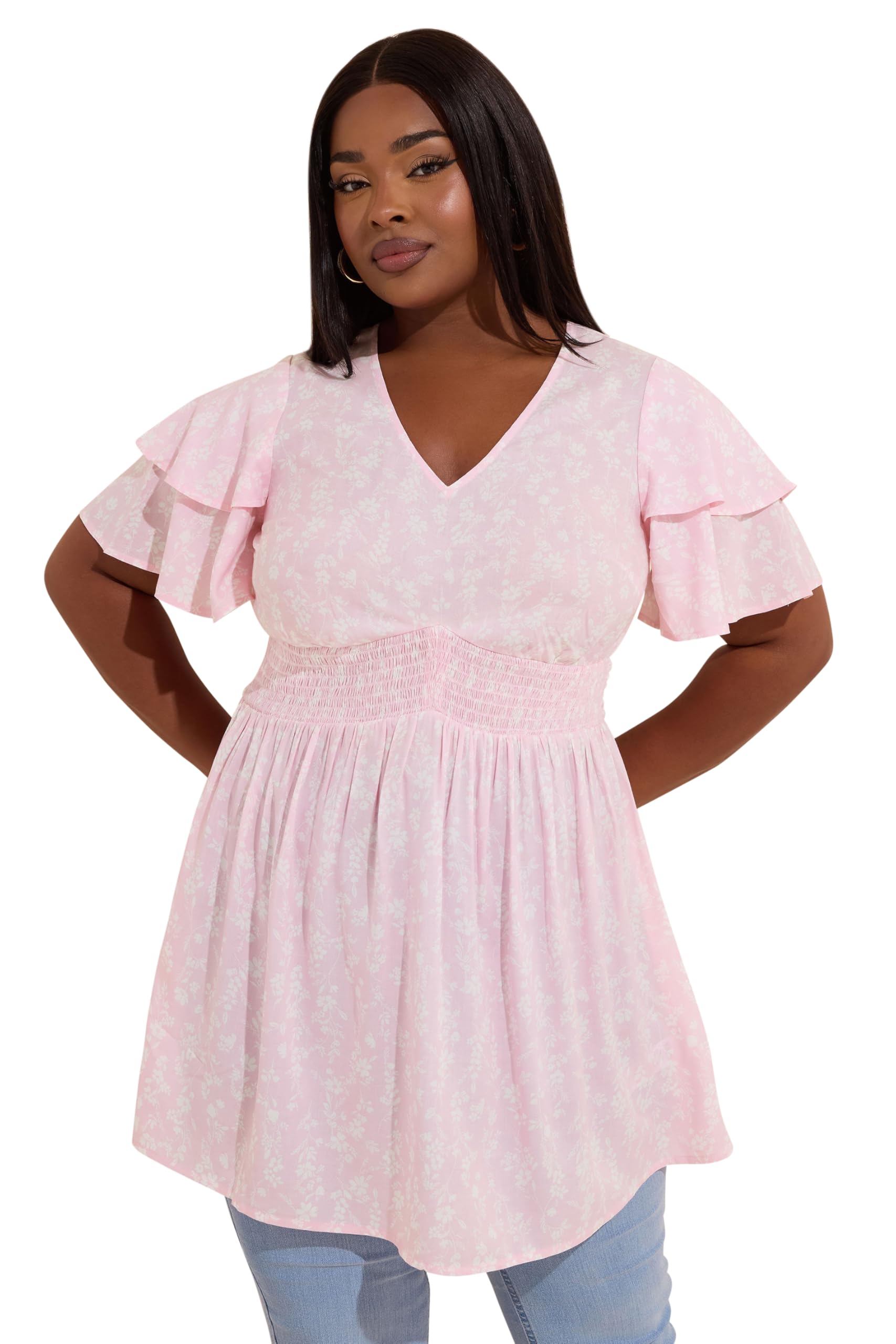 Yours Women's Baby Pink Curve Pink Floral Print Peplum Top - Plus Size Curve