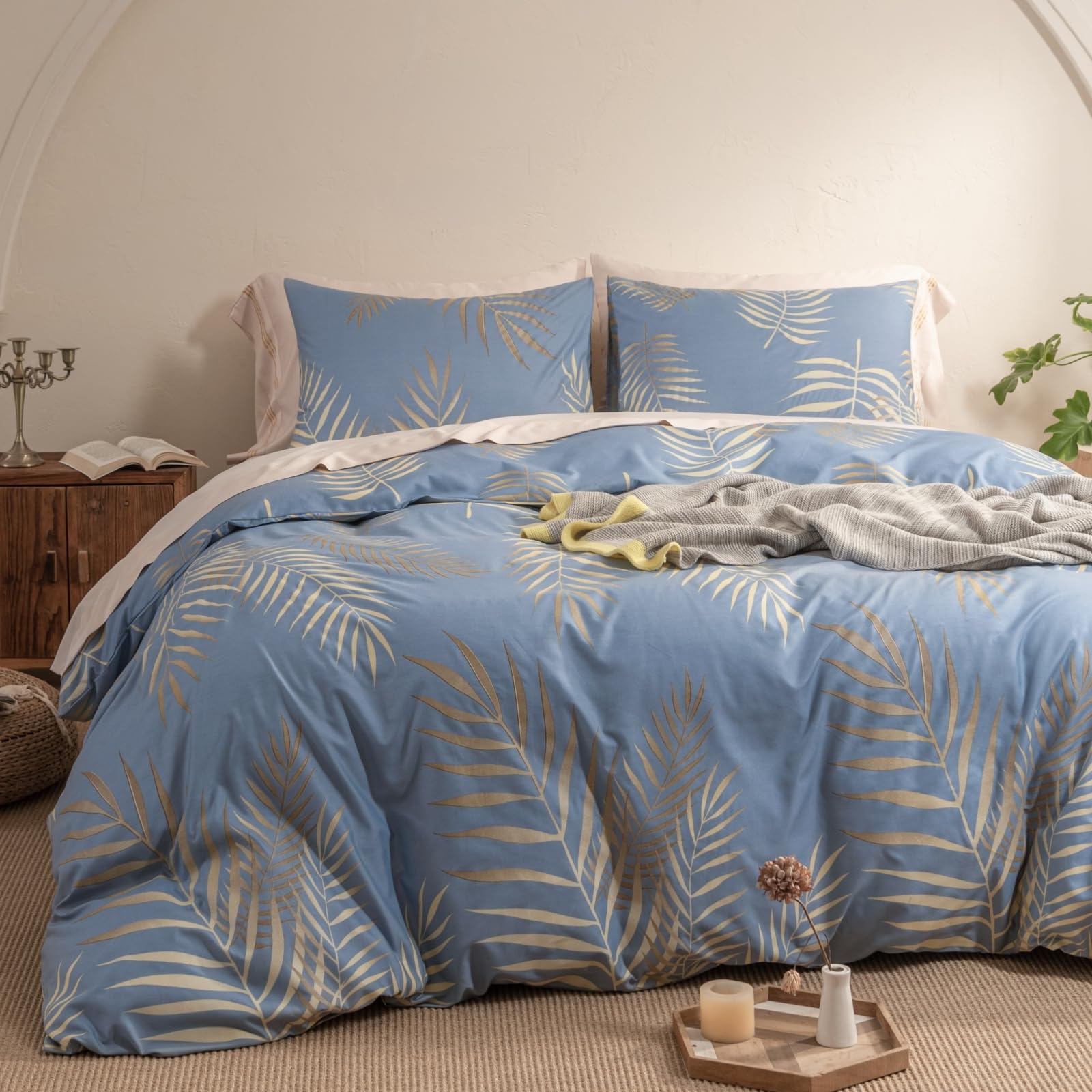 Gezu Housse de Couette Doré 240x260 Motif Feuilles de Palmier Tropicales Parure de Lit 240x260 Or et Bleu Botanique Linge de Lit 2 Personnes Adulte avec Fermeture Éclair et 2 Taies d'oreiller 65x65cm