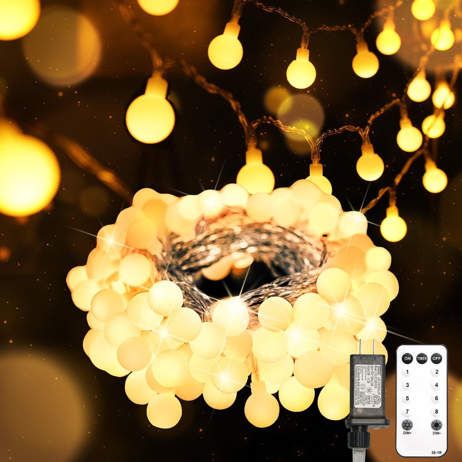 suddus String Lights for Bedroom, 33ft 100 Led Connectable Globe String Lights Indoor, Hanging Fairy Lights Plug in with Remote for Classroom, Room, Dorm, Outdoor, Christmas Tree Decor, Warm White