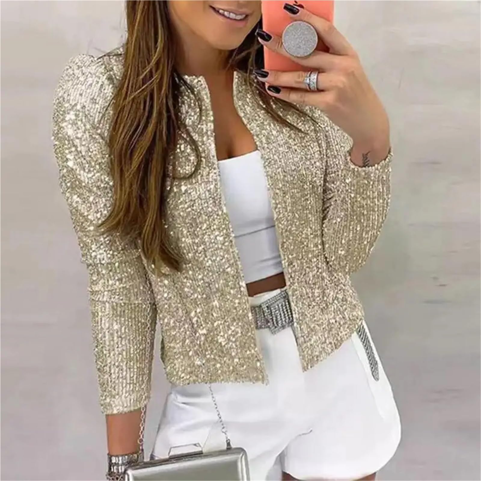 Paillettenjacke Damen Glänzende Stehkragen Kurzmantel Herbst Lady Sparkly Glitter Kurzblazer