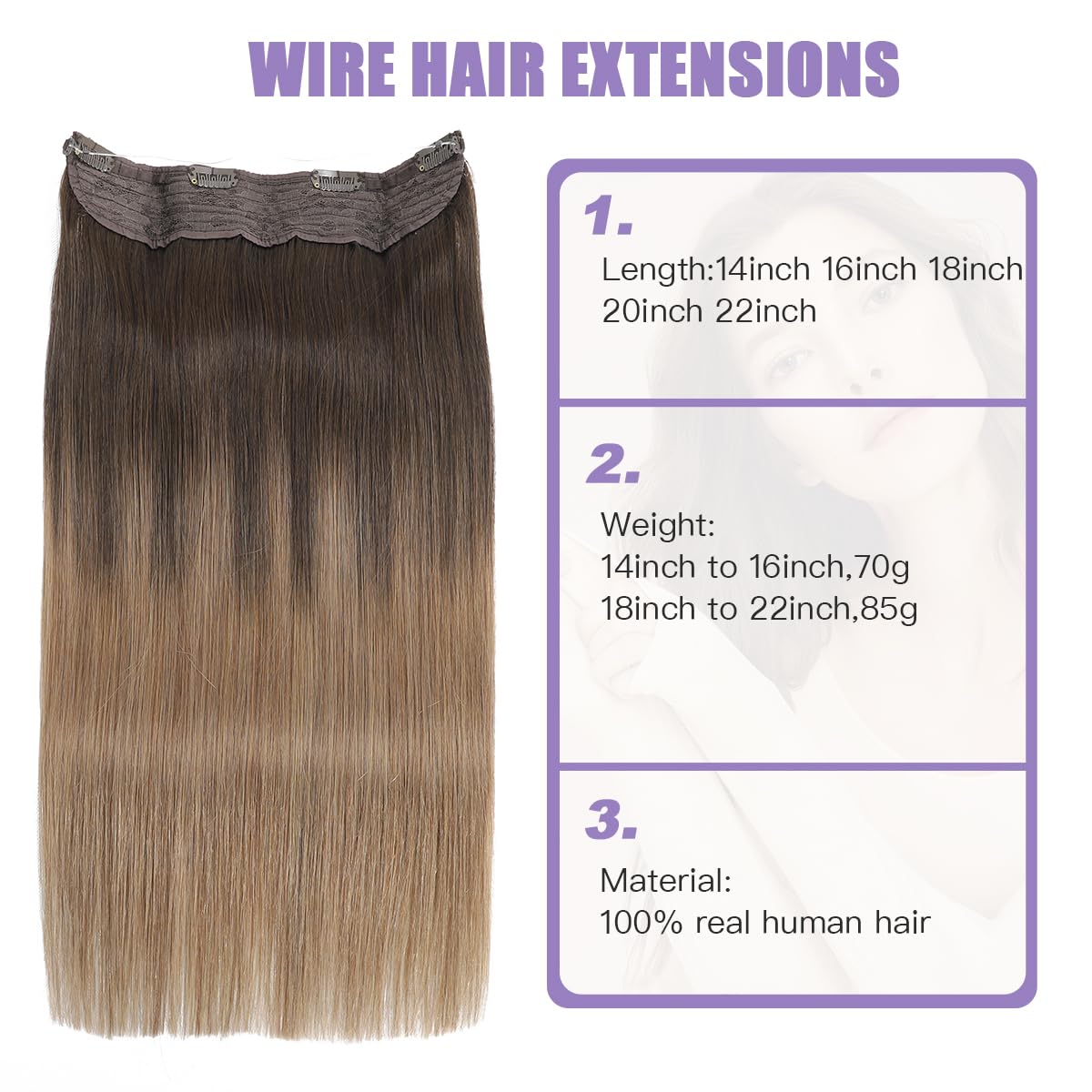 Wire Hair Extensions Remy Human Hair Color 2 Dark Brown to 8 Ash Brown Hair Extensions Natural Straight Hairpiece With Secret Fish Line 14 Inch 70g(#2T8-14inch) - Image 2