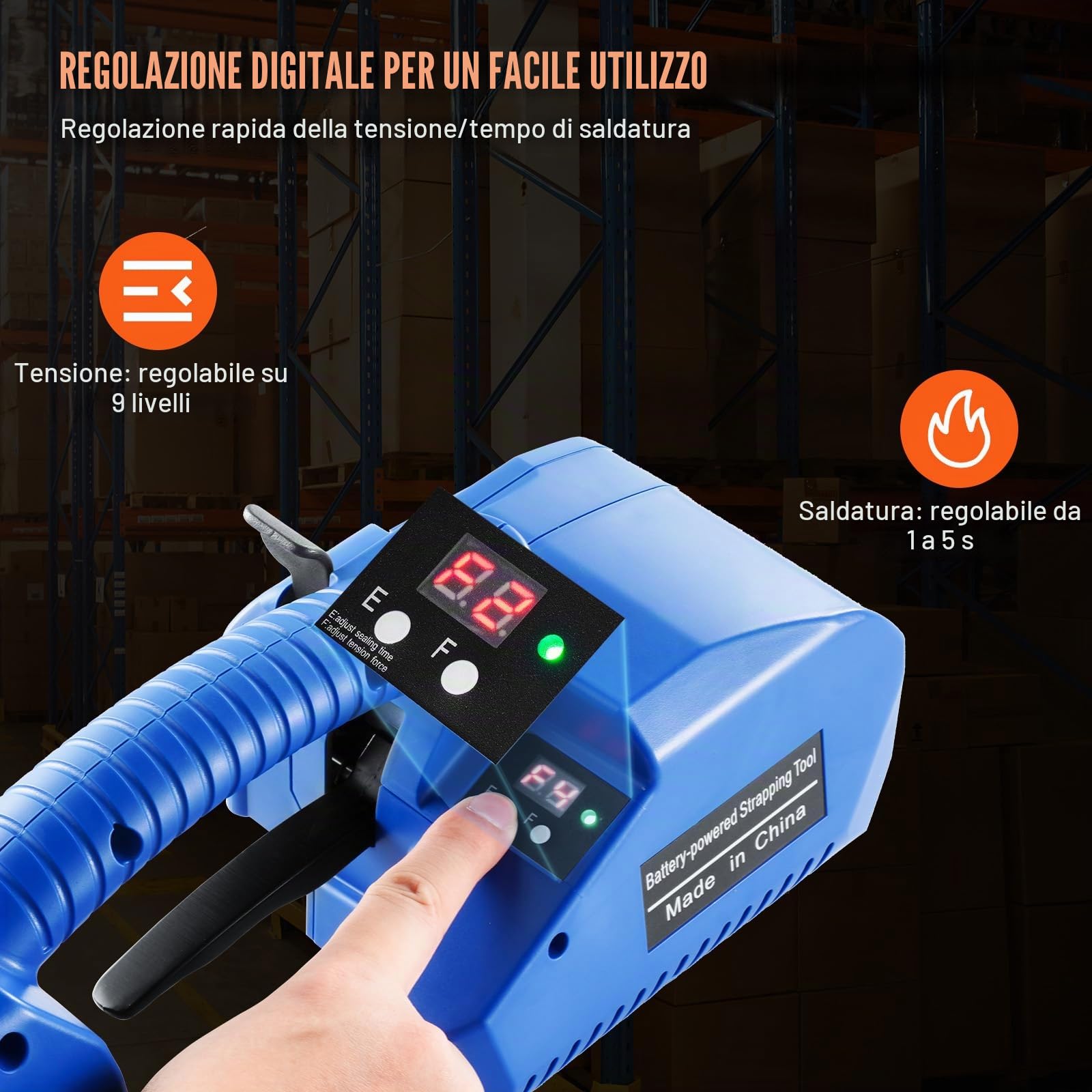 VEVOR Reggiatrice Elettrica 0,89-1,6 cm Tendireggia Elettrica per Reggette PP PET, con Schermo Digitale, 2 x 5000 mAh Reggiatrice Automatica Alimentata a Batteria per Pallet di Scatole da Imballaggio