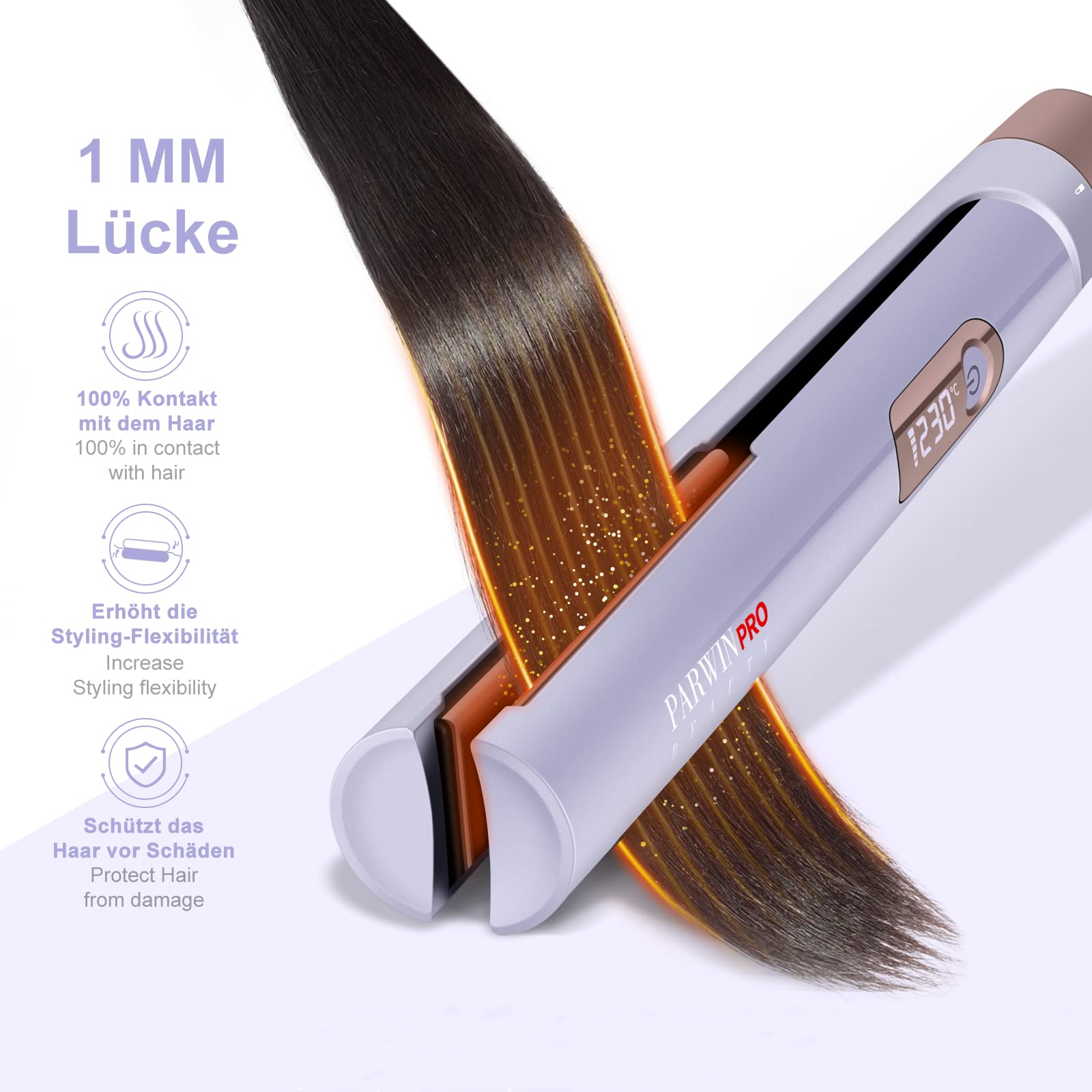 PARWIN PRO BEAUTY Set de estilismo 3 en 1, incluye plancha de 25 mm, rizador de 32 mm y cepillo alisador, con cable de alimentación desmontable, control de temperatura por LED, Púrpura