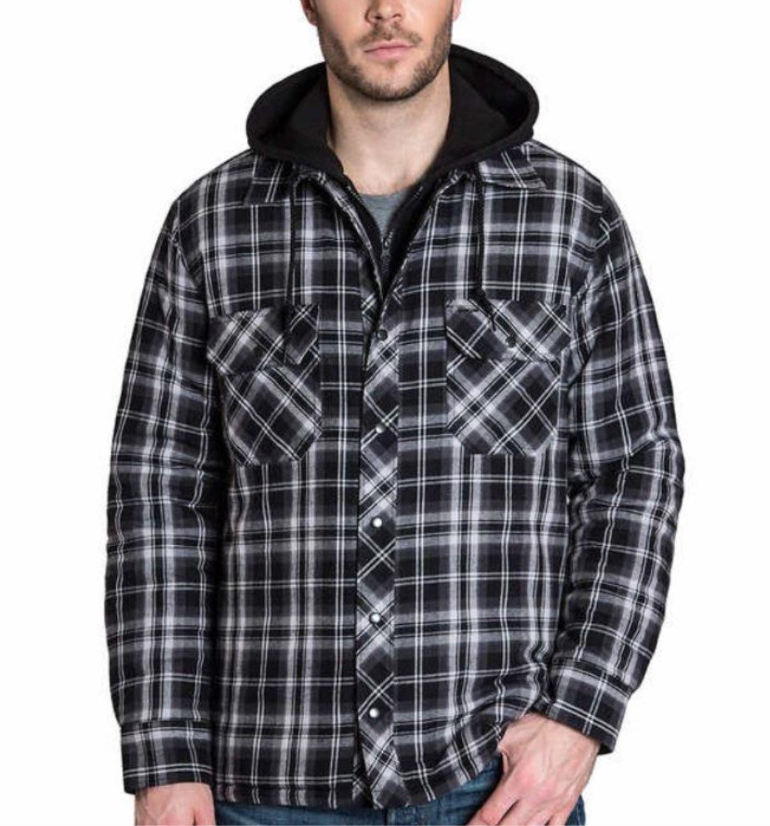 BC Clothing Mens Hoodie Flannel Shirt Jacket, Charcoal Plaid, S