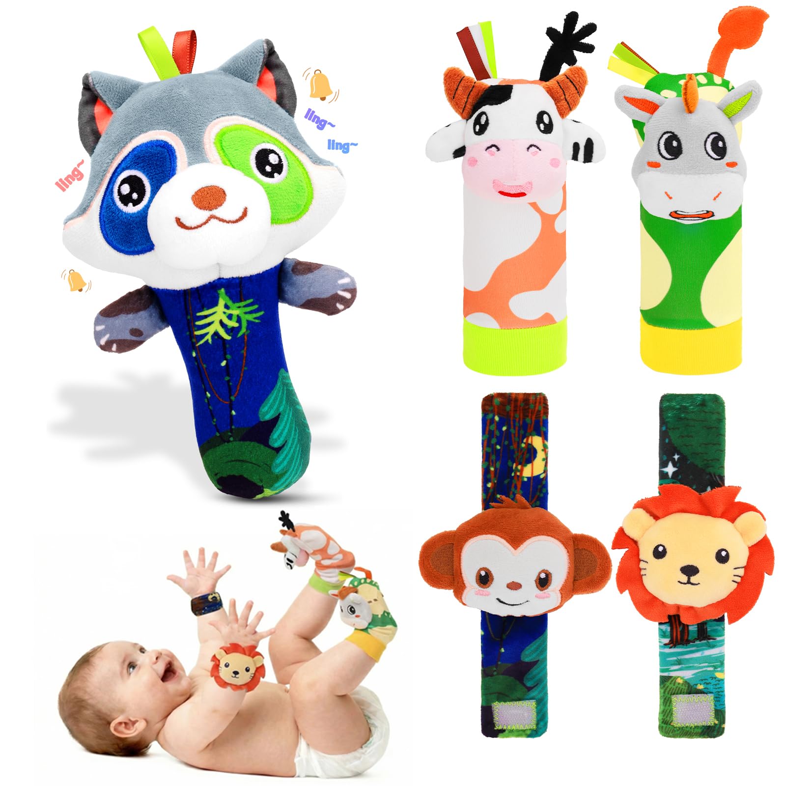 Zendstanding - Newborn Baby Gifts Set 0-6-12 Months, Wrist Rattles and Socks with Hand Grip Rattle Soft Sensory Toys for Baby Development โ image 1