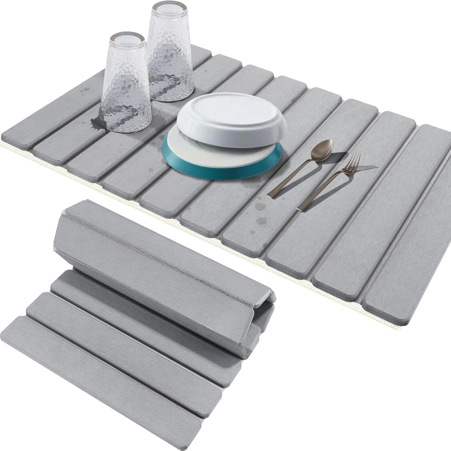 Stone Drying Mat for Kitchen Counter, 24"x16" Large Dish Drying Mat, Collapsible Diatomaceous Earth Mat Absorbent Quick Drying Matt, Light Gray