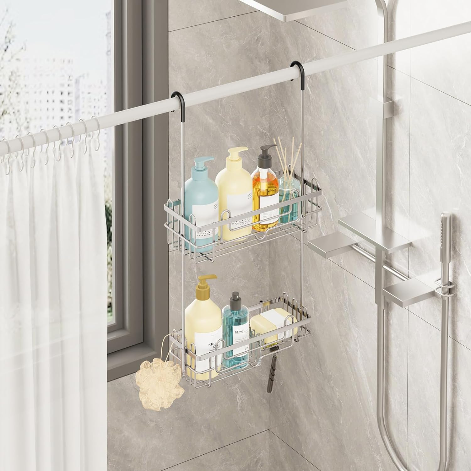 consumest over the door shower caddy - 2-tier hanging shower organizer with soap holder, rustproof bathroom storage and organizer rack for shampoo, towels, and toiletries, sand nickel 2 tier-shower door sand nickel