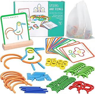 Oxsaytee Wooden Creative Stem Sticks & Rings Toys for Kids 3+ Montessori Matching Puzzle Toy Building Educational Resources Toys for Preschool Kindergarten Boys Girls