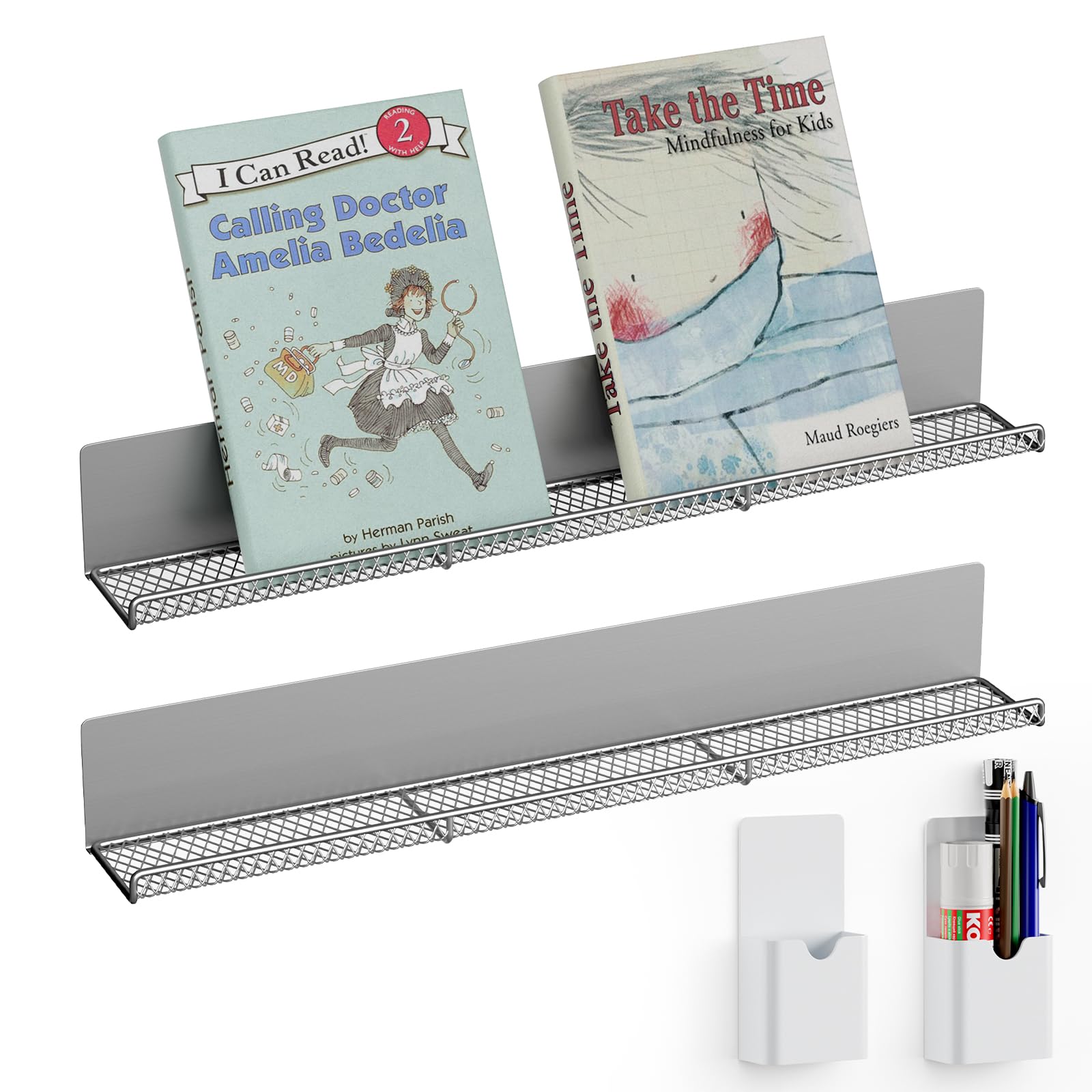 DTUQYX Metal Magnetic Book Shelf: Book Display Shelf 2 Pack Strong Adsorption with 2 Pen Containers, Durable Magnetic Shelves for Classroom, Movable