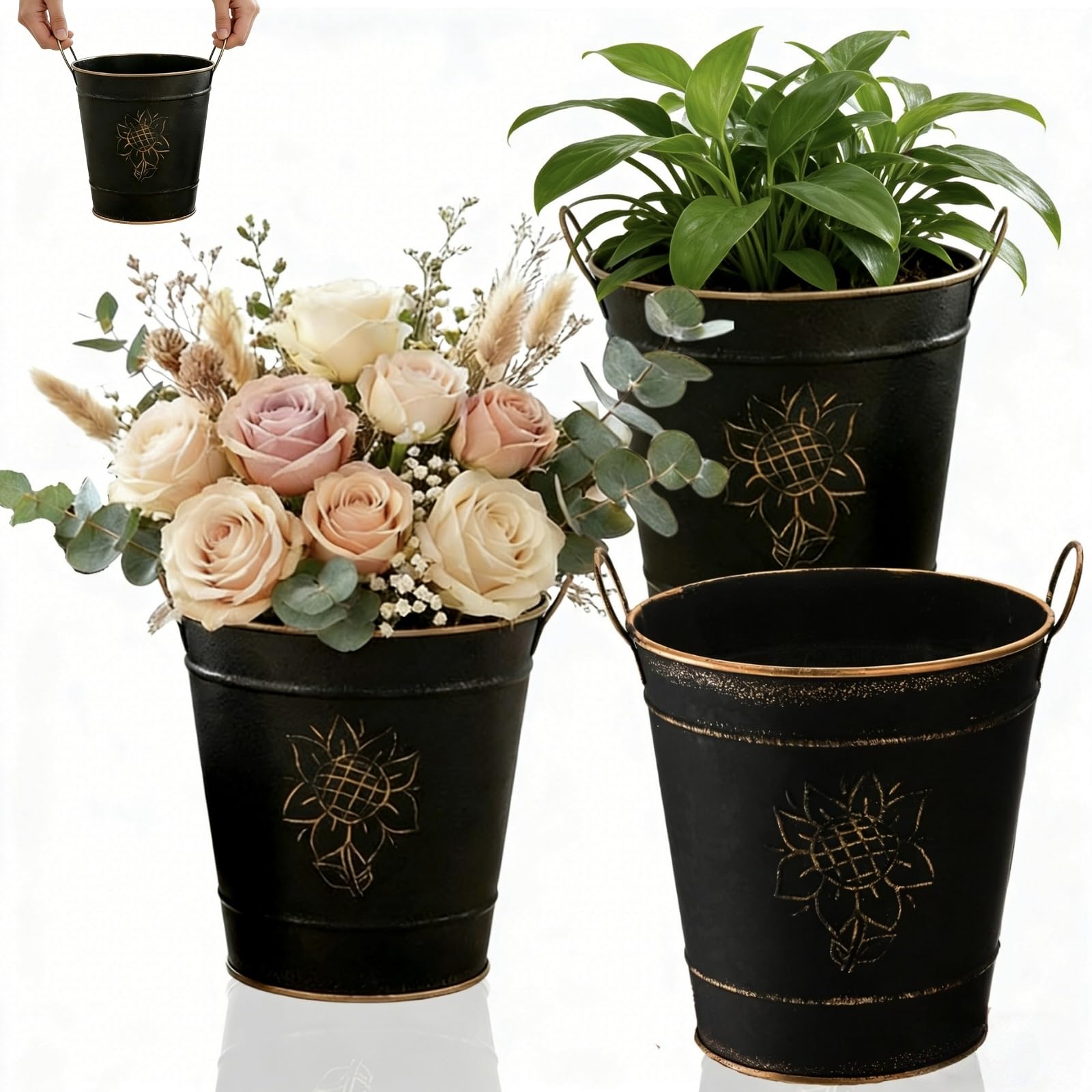 Secchio floreale zincato-Vase di fiori in metallo rustico a 4 Set per decorazioni per la casa | Centrotavola per matrimoni in stile fattoria, decorazione da tavola per di Pampas, fiori secc