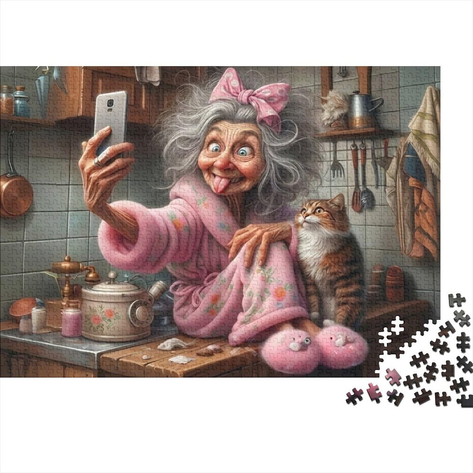 Old Lady Selfie 1000 Piece Jigsaw Puzzle Paper for Adults Kitchen Cat Puzzle Game for Family Relaxing Gift 38x26cm/1000pcs