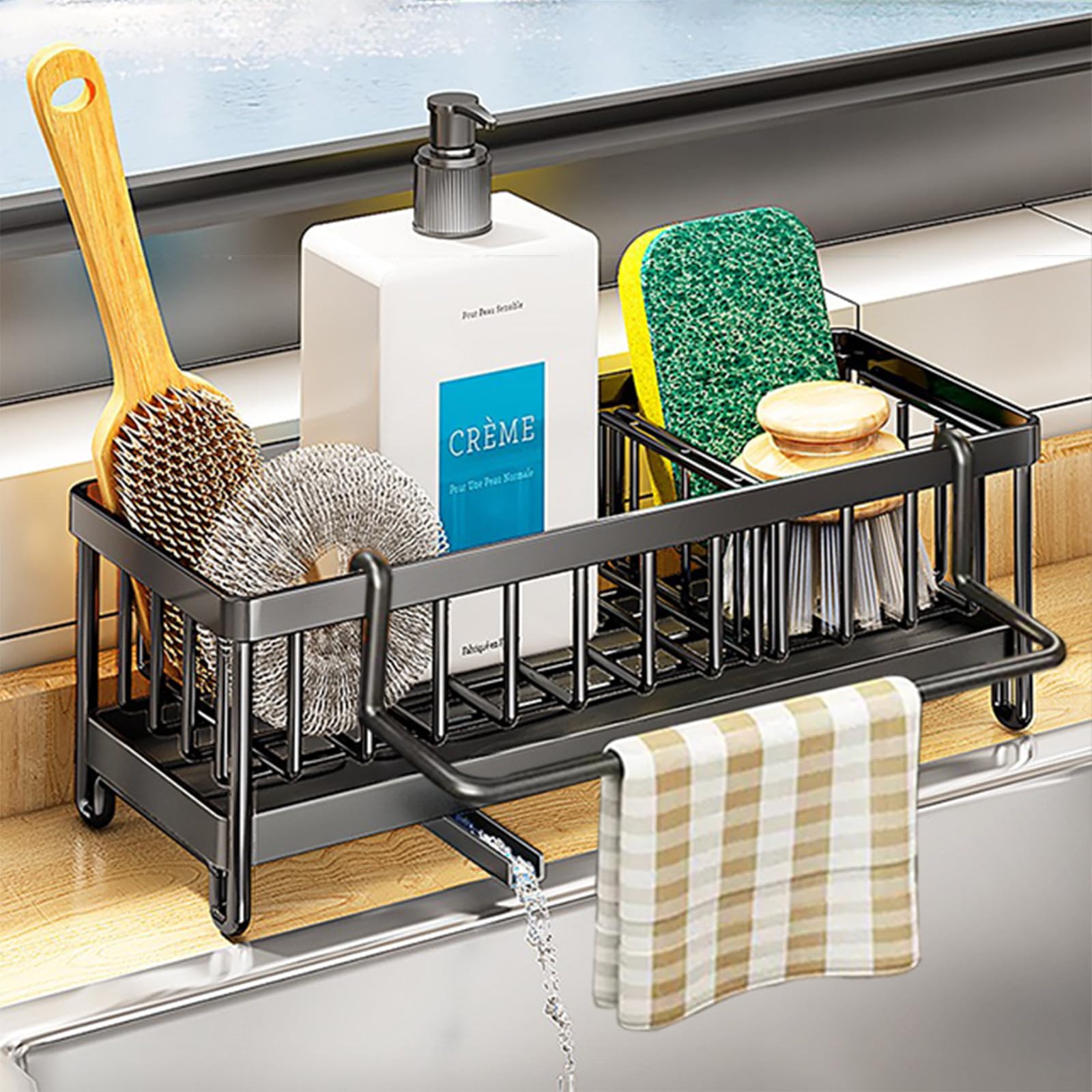 Koolkasa Sink Caddy Sponge Holder, Kitchen Sink Organiser with Dishcloth Hanger&Automatic water outlet, Metal Kitchen Organiser Bathroom - Black