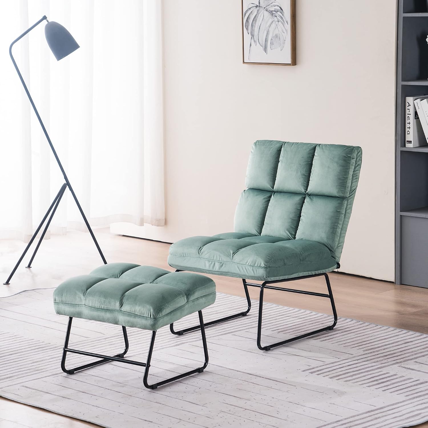 MCombo Velvet Accent Chair with Ottoman Set, Modern Armless Chair for Living Room, Bedroom, Small Space 0014 (Velvet, Light Green)
