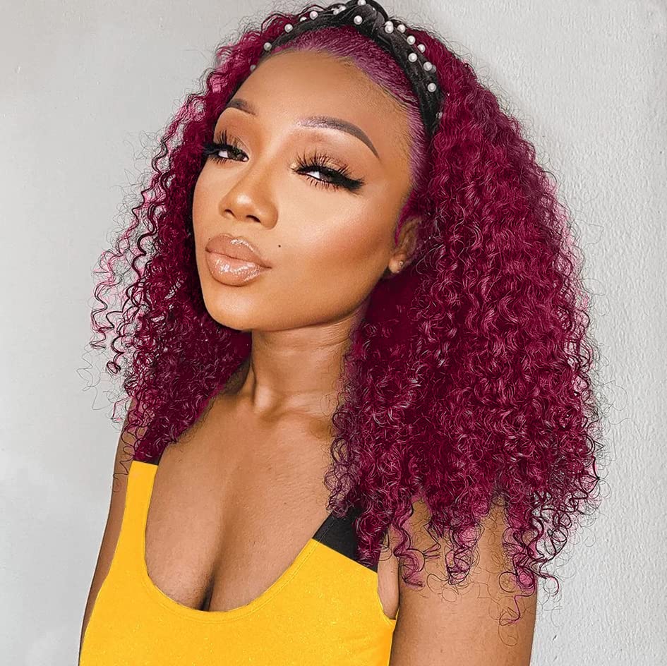 Image of XSY Headband Wig Human Hair 99J Burgundy Deep Wave Headband Wig 16 Inch Red Colored Curly Headband Wig Glueless No Lace Front Wig Brazilian Virgin Human Hair Wigs for Black Women 150% Density