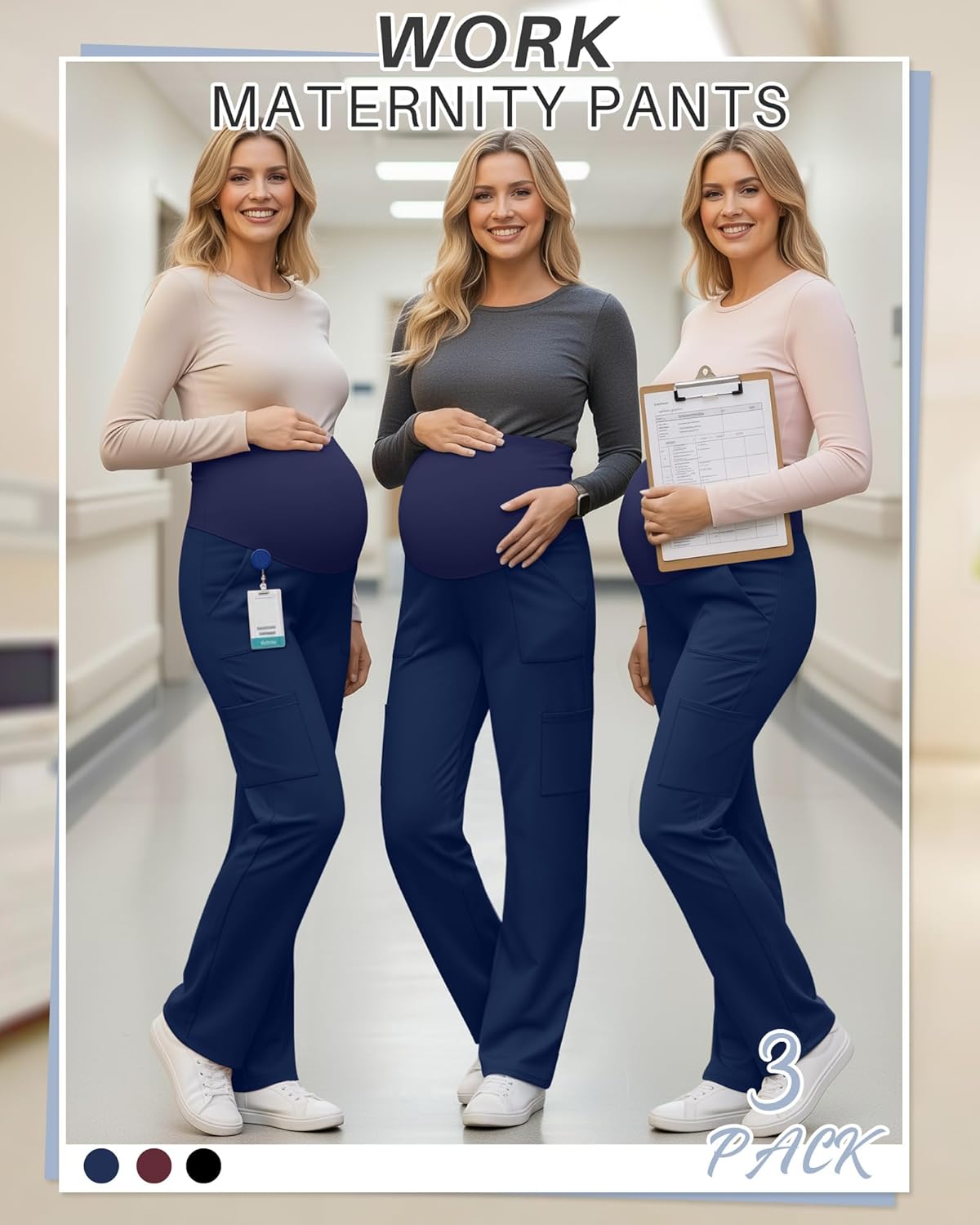 3 Pack Women's Maternity Scrub Pants 6 Pockets Cargo Pants Stretchy Comfy Workwear Straight Leg Pregnancy Pants(Navy Blue, Navy Blue, Navy Blue,X-Large)
