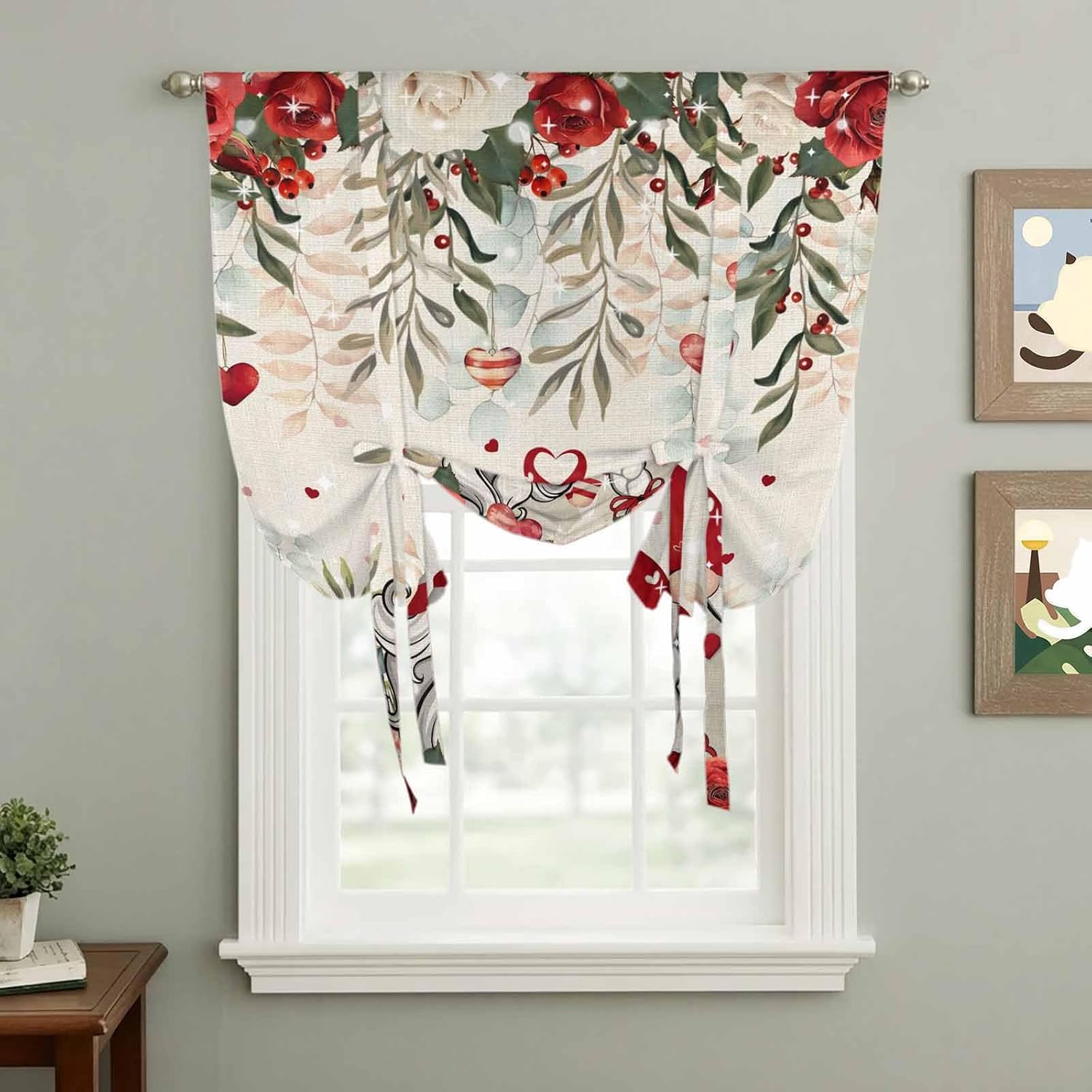 Red Floral Valentine's Day Tie Up Curtains for Window, Gnomes Botanical Gifts Rustic Thermal Insulated Balloon Shade Adjustable Rod Pocket Curtains Valance Panels for Kitchen Bathroom Café 46'' x 63''
