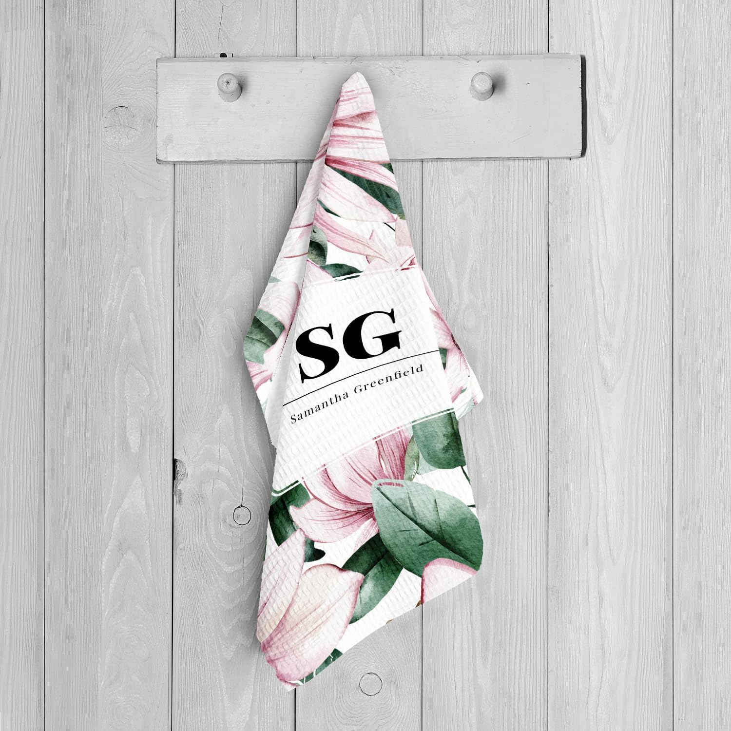 Canopy Street Personalized Modern Pink Floral Golf Towel/Custom 16" x 24" Watercolor Magnolia Microfiber Golfing Towel with Gold Fastener/Personal Mother's Day Golfer Accessory Present