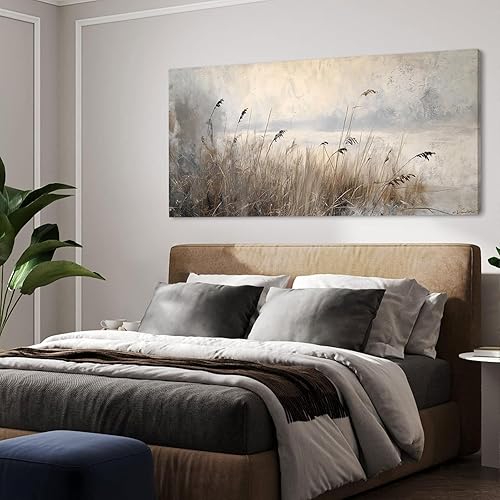 Miniatura 8 de LASMOND Arte de pared vintage de prado para sala de estar, lienzo de junco, impresiones grandes retro rústicas estilo cabañas, paisaje, granja,