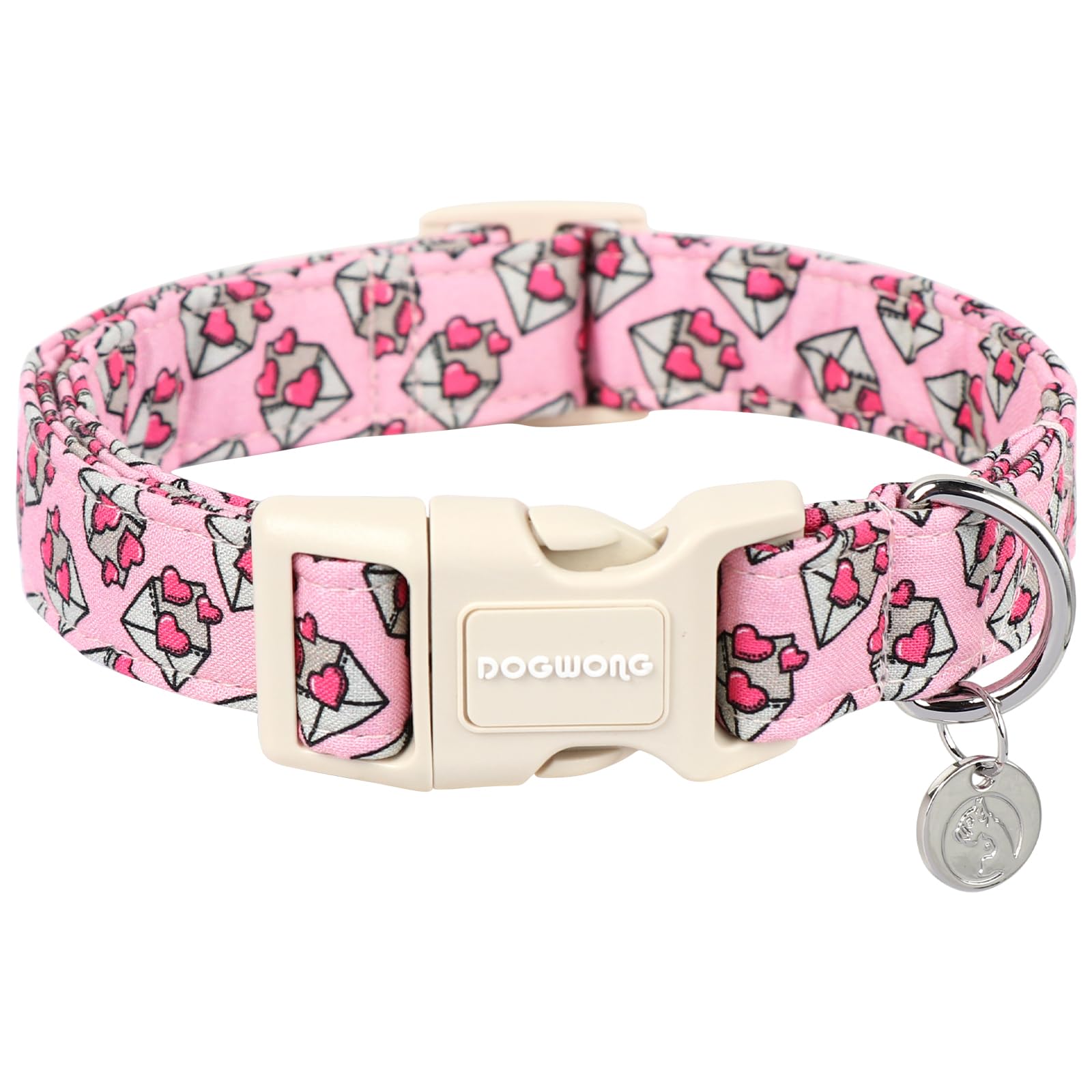 DOGWONG Valentine's Love Letter Dog Collar - Adjustable Durable Pink Heart Cute Collar for Small Medium Dogs