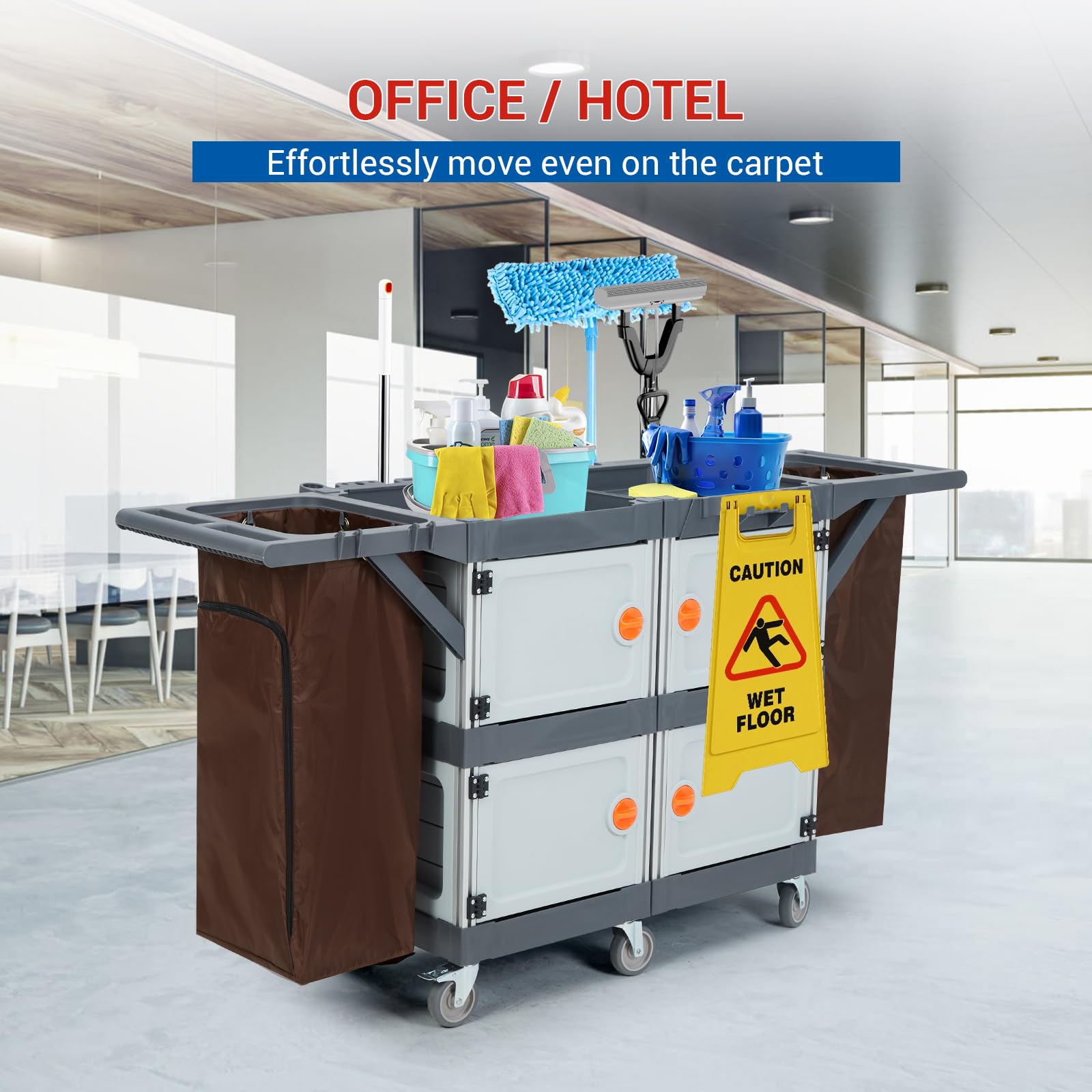 Carrello Pulizie Professionale,Carrello Per Pulizie Commerciali Di Hotel e Ospedali Con Armadietti Ripiani,Carrelli Multiuso Per Pulizia Con 6 Ruote e Sacco in Vinile Per Ufficio, Hotel, Capacità 300