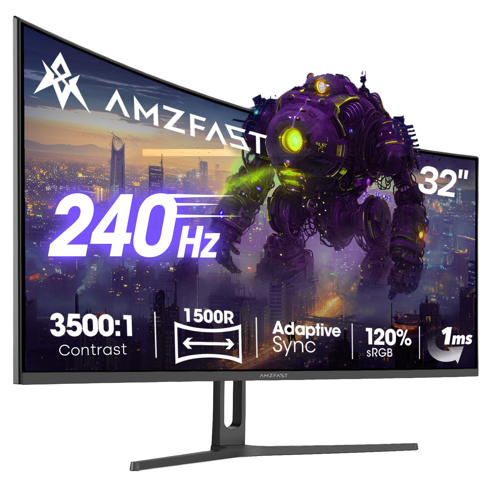 Amzfast Écran PC Gaming Incurvé 32 Pouces, 240Hz, FHD, 1Ms MPRT, Adaptive Sync, sRGB 120%, HDR, Anti-Scintillement, Faible Lumière Bleue, HDMI 2.0/DP 1.4, VESA 75x75, AMZG32C3F