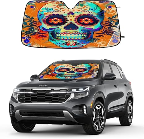 Day of The Dead Sugar Skull Car Sun Shade Windshield Sunshade Foldable Accordion Sun Visor for Car Front Windshield UV Rays Blocker Protector for SUV Truck, 55x27.6 Inch
