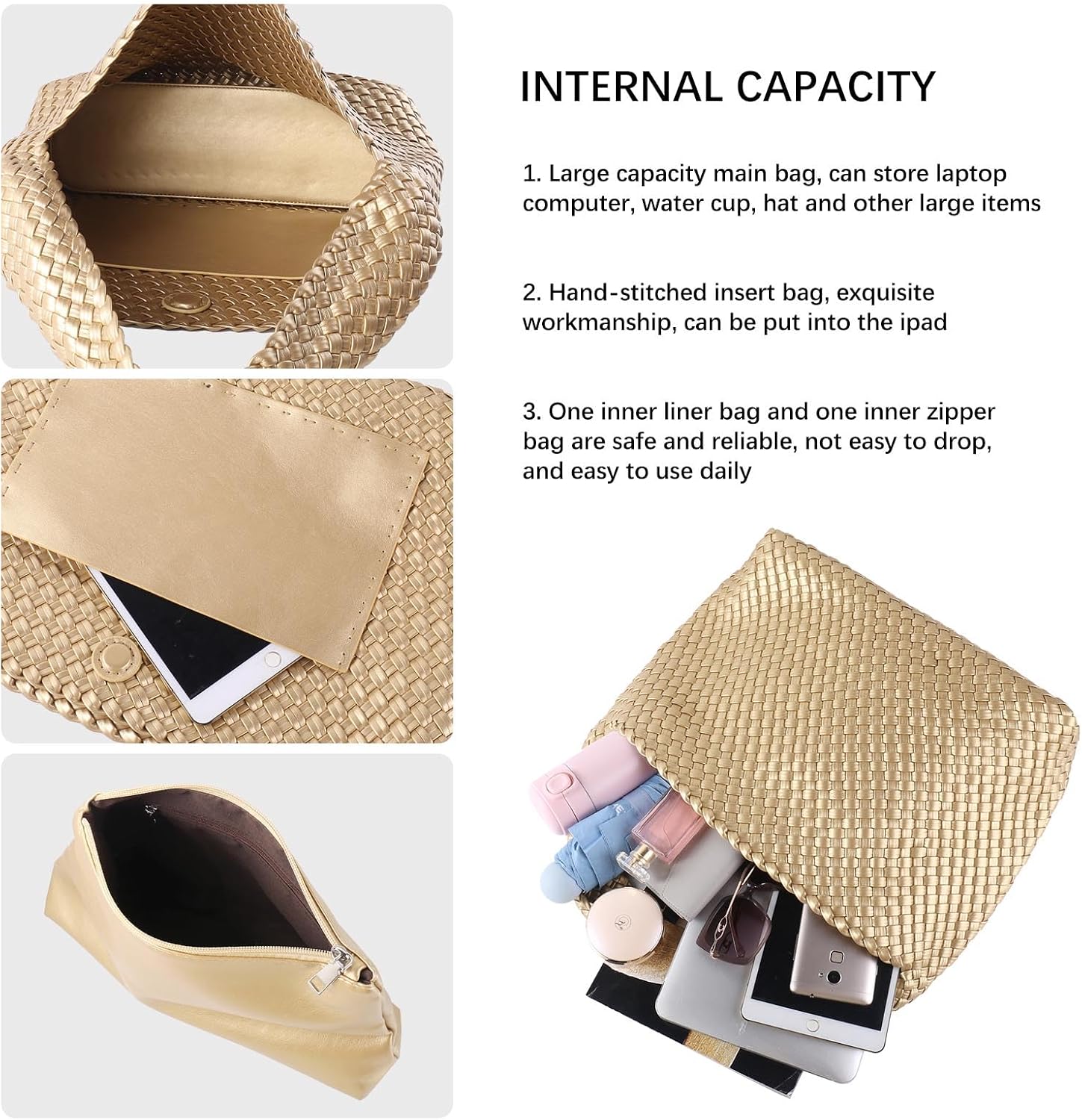 Woven Vegan Leather Hobo Tote Bag with Pouch for Women (Gold) | Hand-woven, soft, and cruelty-free material. Lightweight slouchy hobo style for effortless daily wear.