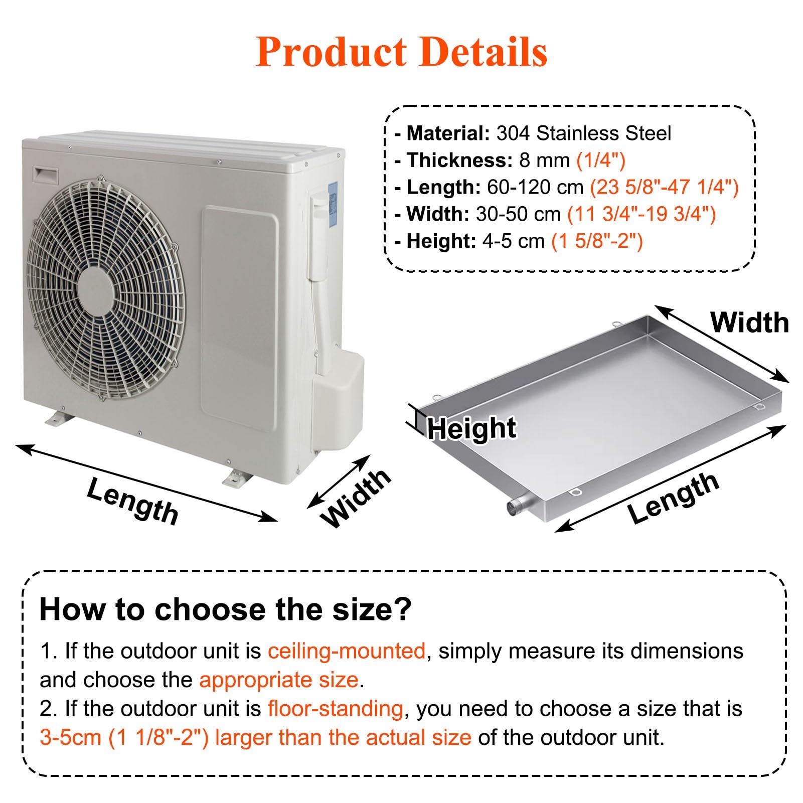 Bac Condensat Pompe a Chaleur Bac de Récupération des Condensats pour Climatiseur, en Acier Inoxydable 304, Bac de Récupération D'eau Étanche(120x30x4cm(47.2x11.8x1.6in))