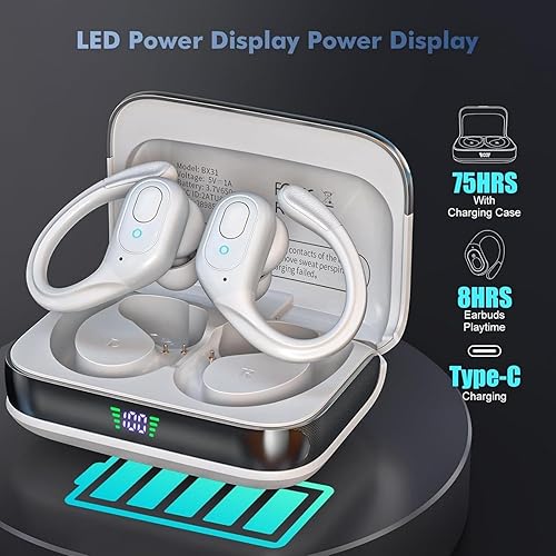 Miniatura 2 de Auriculares Bluetooth inalámbricos con reproducción de 75 horas, funda de carga con pantalla LED, IPX7 impermeable, diseño sobre la oreja para