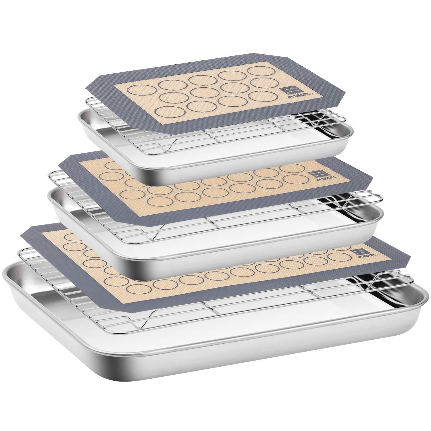 Baking Sheet Cooling Rack with Silicone Mat (3 Pans + 3 Racks + 3 Mats), Stainless Steel Baking Pan Cookie Sheet with Cooling Rack and Baking Mat, Non Toxic & Heavy Duty & Easy Clean