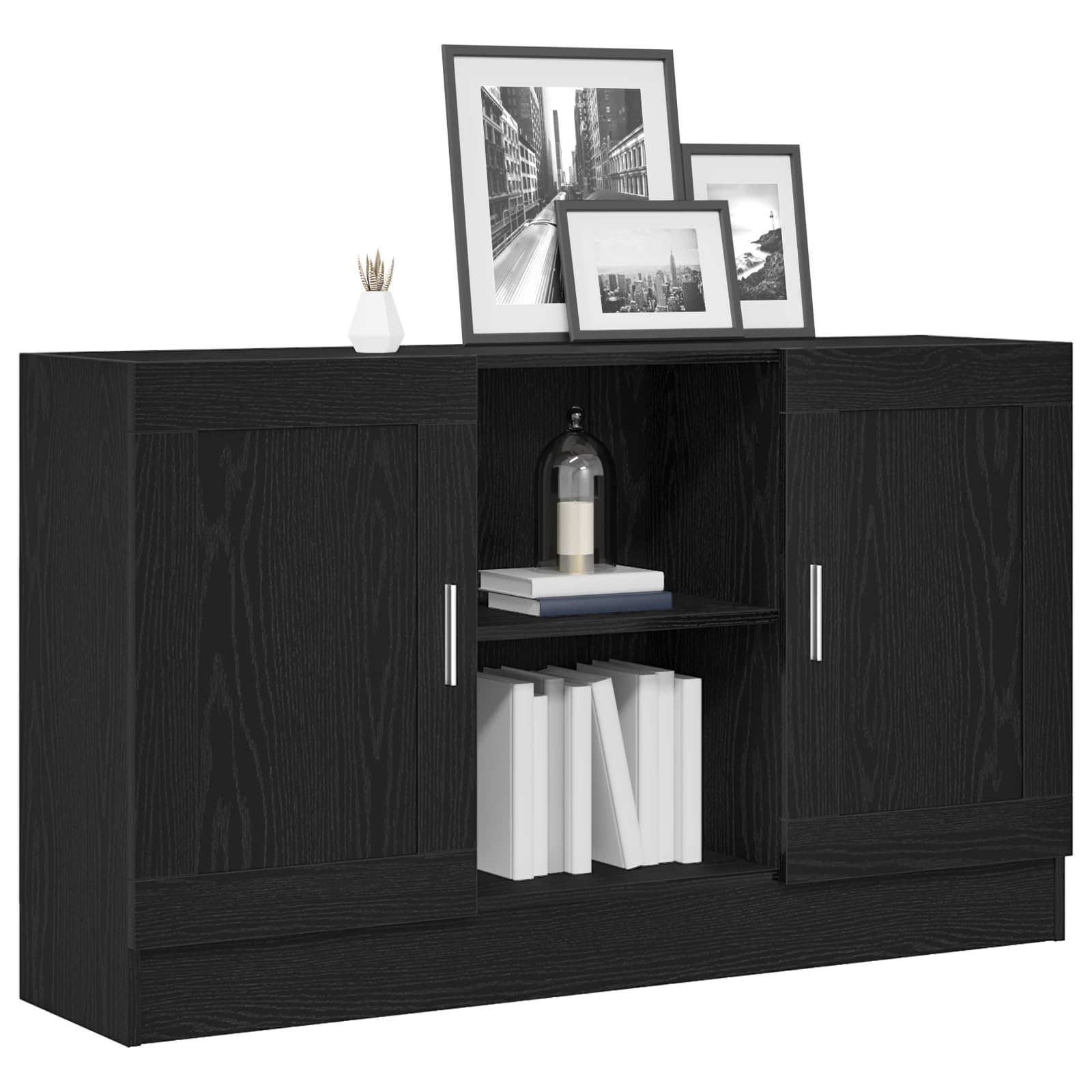 Credenza nera effetto rovere, 120 x 30,5 x 70 cm, comò con 2 ante
