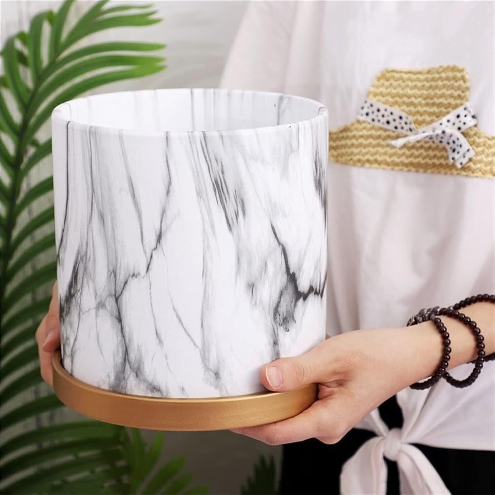 Doniczki na rośliny ceramiczna doniczka z tacą imitacja marmuru doniczka na storczyki i zielone rośliny prezenty dla miłośników roślin (L)