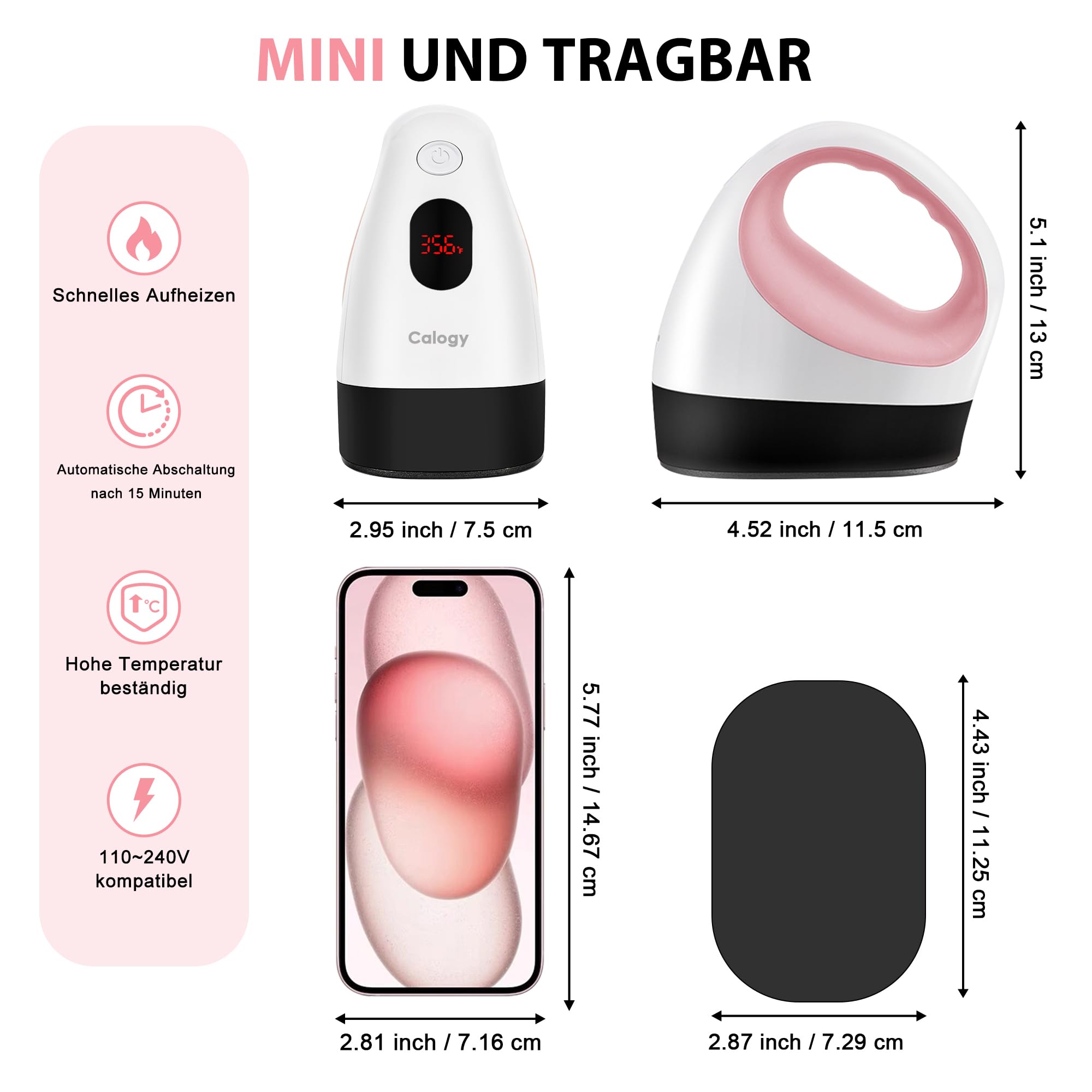 Calogy Transferpresse Mini Hitzepresse, Kleine Heißpresse mit 3 Heizstufen, Tragbare Mini Heat Press Temperaturanzeige für T-Shirts, Schuhe, Hüte, HTV-Vinyl (Weiß Rosa)