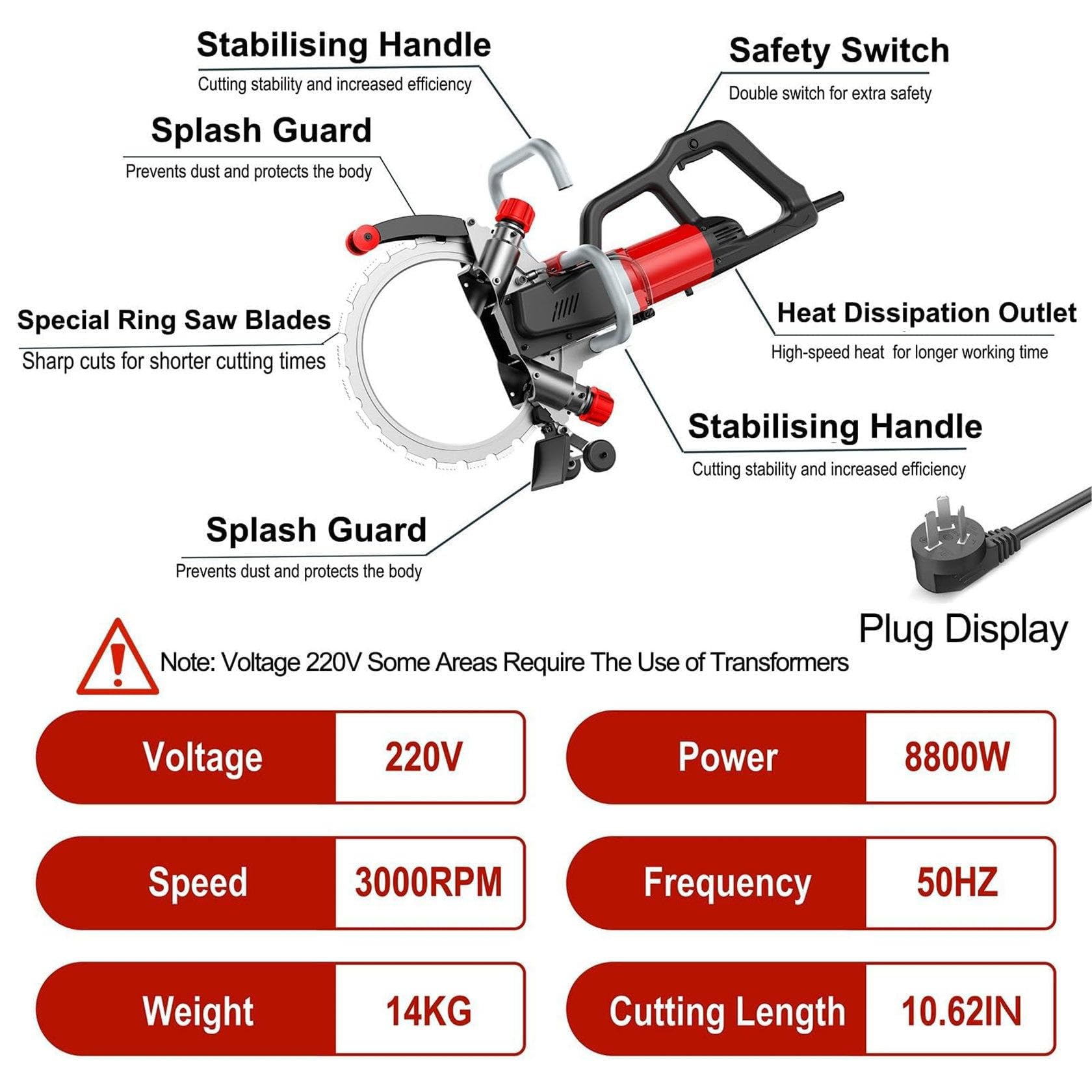 Sierra circular eléctrica sin escobillas de 8800 W/9500 W, profundidad de corte de 270/300 mm, 3000 RPM, máquina de corte de ranura eléctrica para granito, piedra, 8800W-2cuchillas