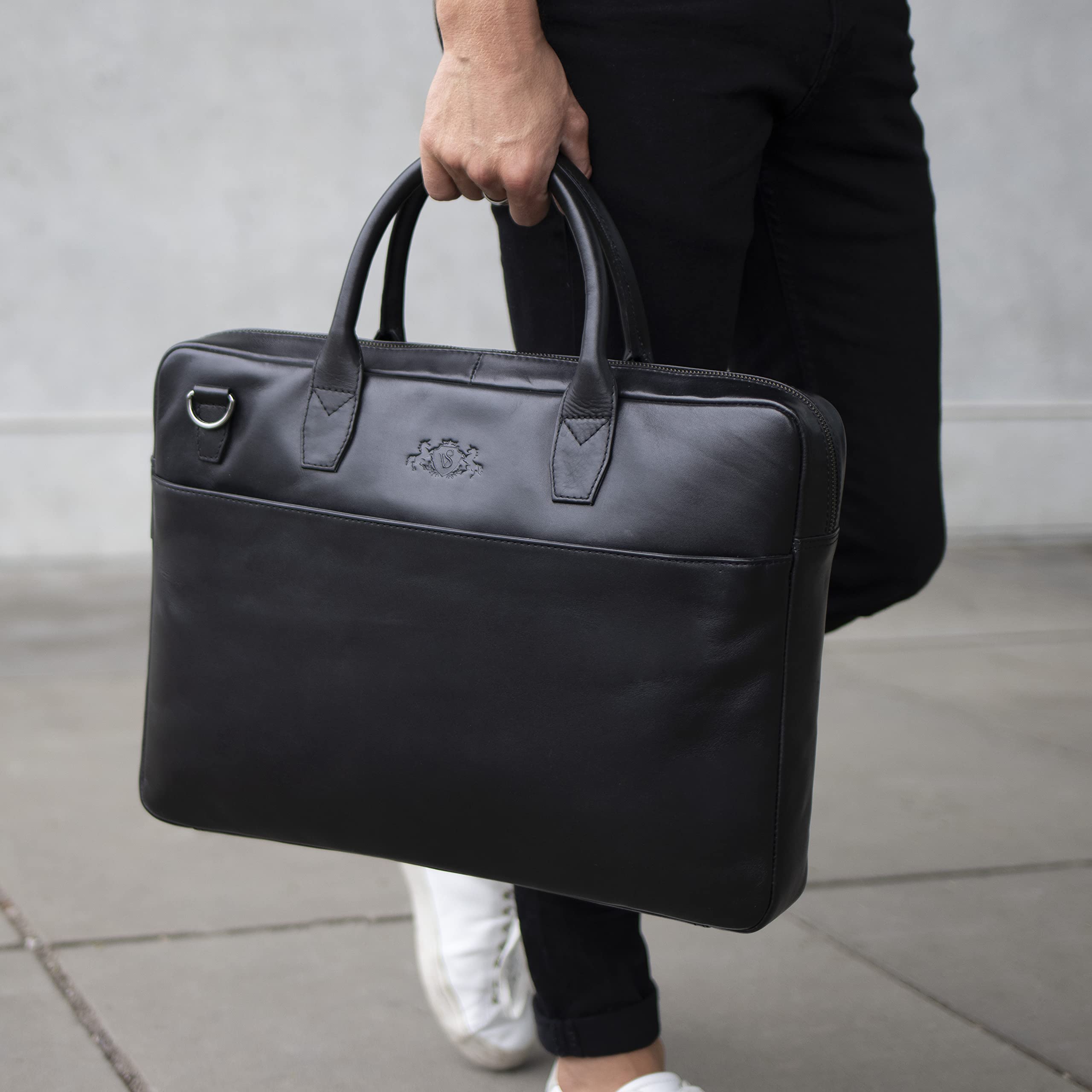 SID & VAIN® Borsa tracolla porta pc vera pelle BOSTON grande cartella laptop computer portatile Messenger porta-documenti Business uomo donna nero prodotto artigianale