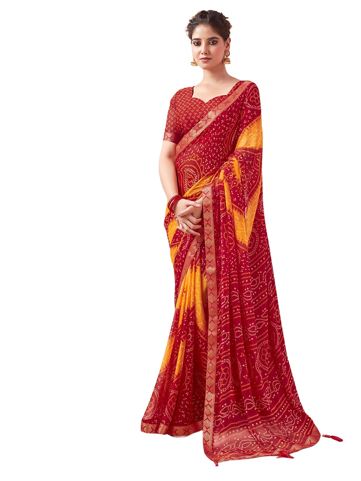 SAMAHWomen's Bandhani Printed | Leheriya Printed Chiffon Saree with Unstitched Blouse Piece