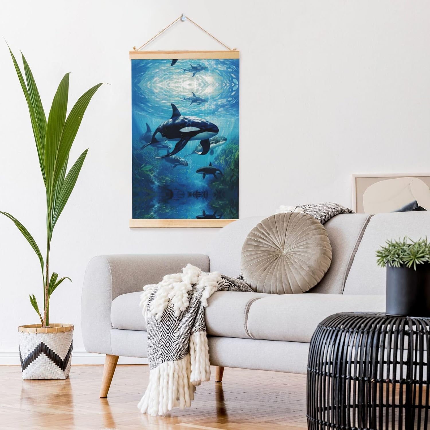Killer Whales Swim Along Print Poster Hanger,Hanging Poster, Poster Frame,Wood Poster Hanger, For Wall Hanging