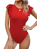 Women&apos;s Round Neck Ruffle Flutter Sleeve Slim Fit Ribbed Knit Casual Summer Bodysuit Tops