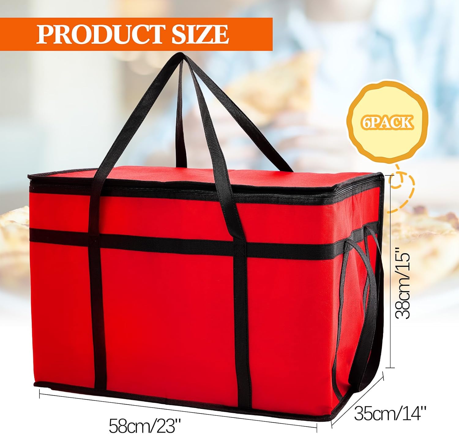 Maxcheck 6 Pcs Insulated Bags for Food Delivery XXXL Large Capacity Hot Grocery Tote Bag Reusable Warming Pizza Catering Carrier for Commercial Travel Lunch Shopping Gifts (Red) - Image 2