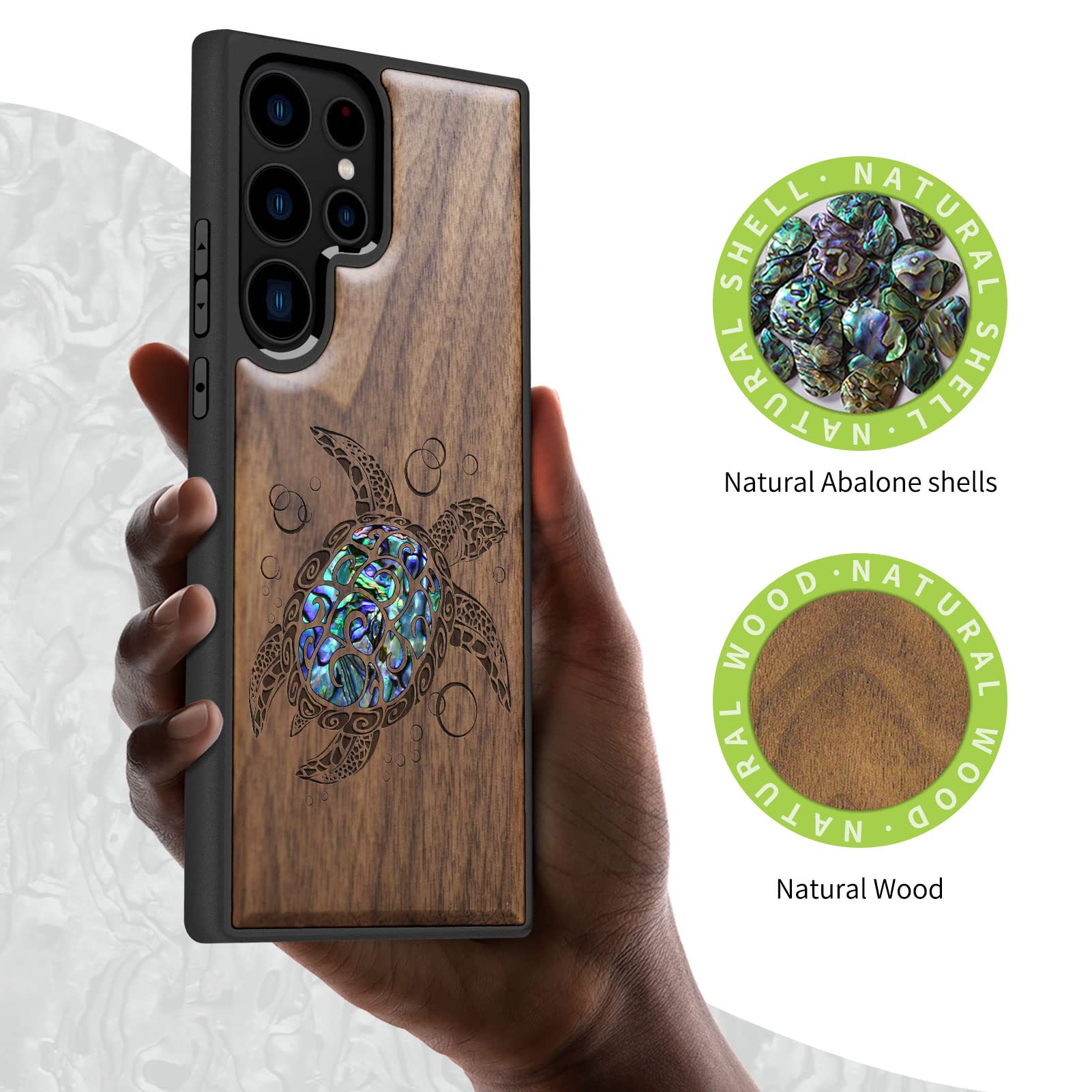 Carveit Funda de Madera Compatible con Galaxy S23 Ultra Carcasa Grabado en Madera e incrustación de mejillones Bumper TPU para Samsung S23 Ultra Accesorios Única (Nogal-Tortuga Marina)