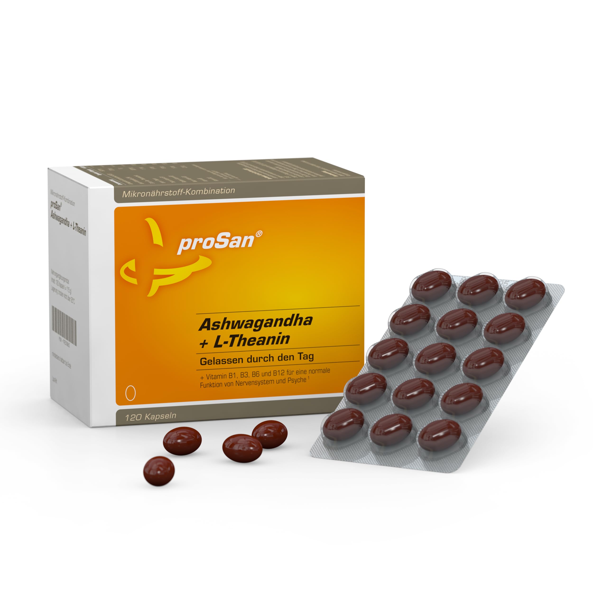 proSan Ashwagandha (KSM-66) + L-Theanin | mehr Gelassenheit & innere Ruhe | incl. B1, B3, B6 & B12 für Psyche & Nerven
