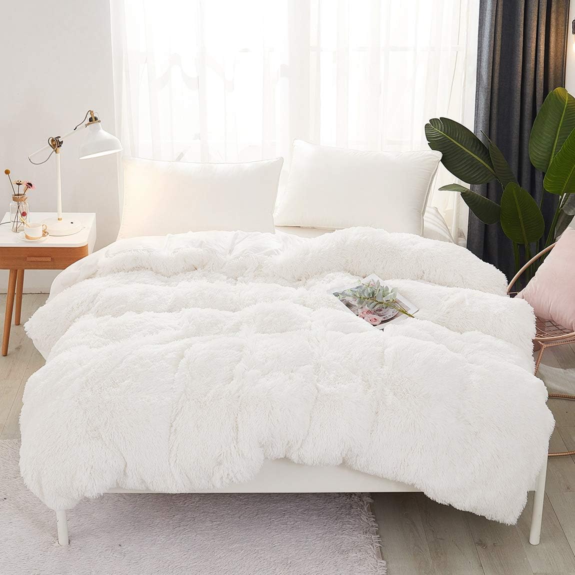 JAUXIO Luxurious 1PC Faux Fur Duvet Cover Plush Shaggy Bed Blanket Ultra Soft Crystal Velvet Reverse (White, Queen)