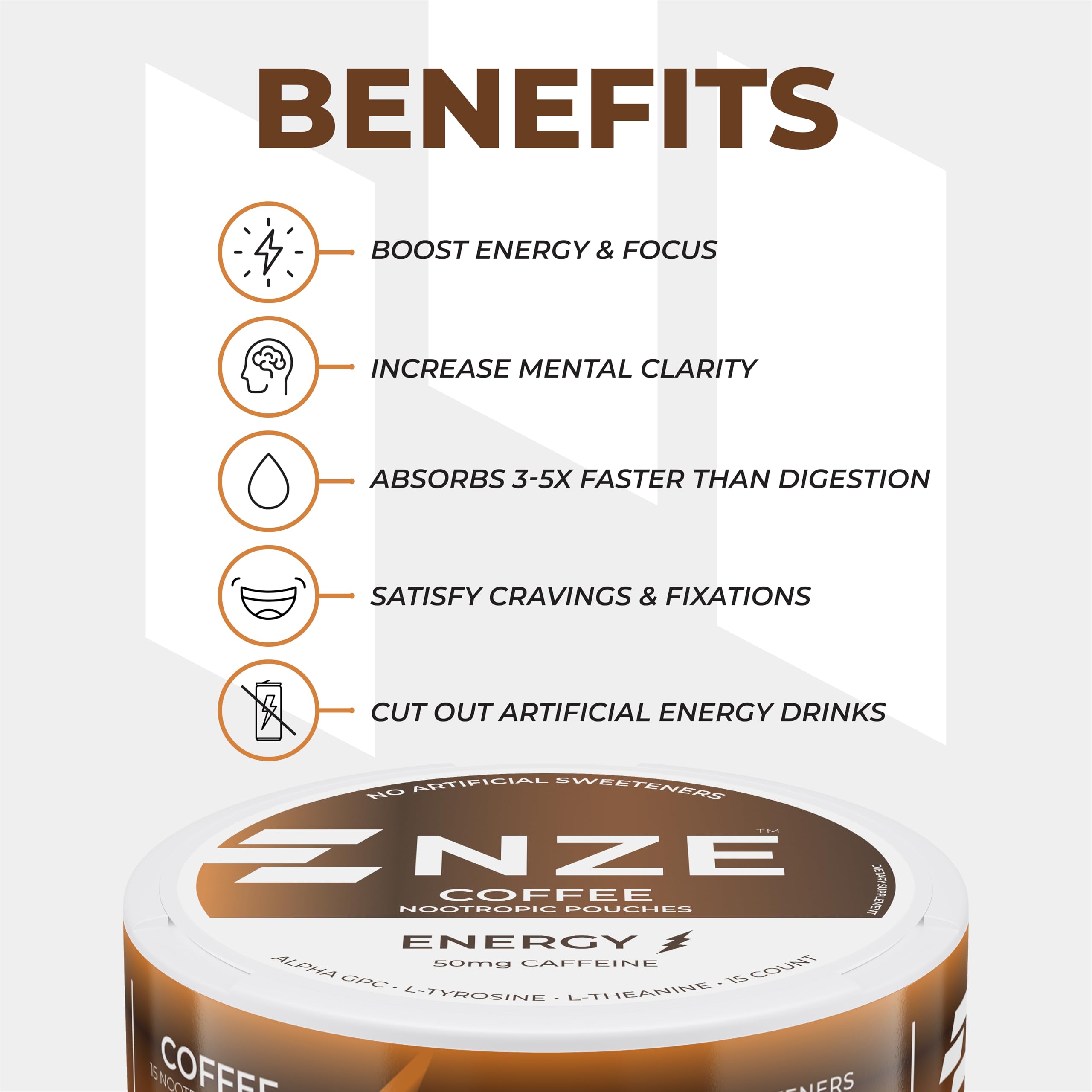 NZE Caffeine Nootropic Pouches (Coffee) - Energy Pouches with 50mg Caffeine, Alpha GPC, L-Tyrosine & L-Theanine - No Sugar or Artificial Sweeteners - 15 Nicotine Free Pouches Per Can - 5 Pack — Amazon image 5