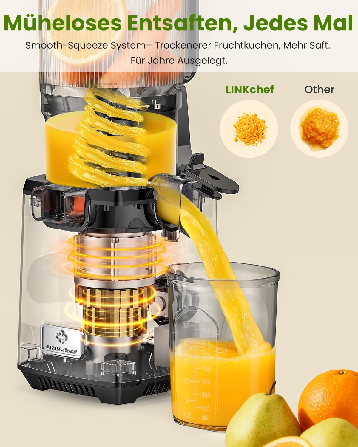 LINKChef Entsafter Slow Juicer, 130 mm große Öffnung, Entsafter Gemüse und Obst, 1,8 L Kapazität, 250W Elektrischer Juicer mit Rücklauffunktion, Leise, Einfache Montage, Leicht zu Reinigen, BPA-frei