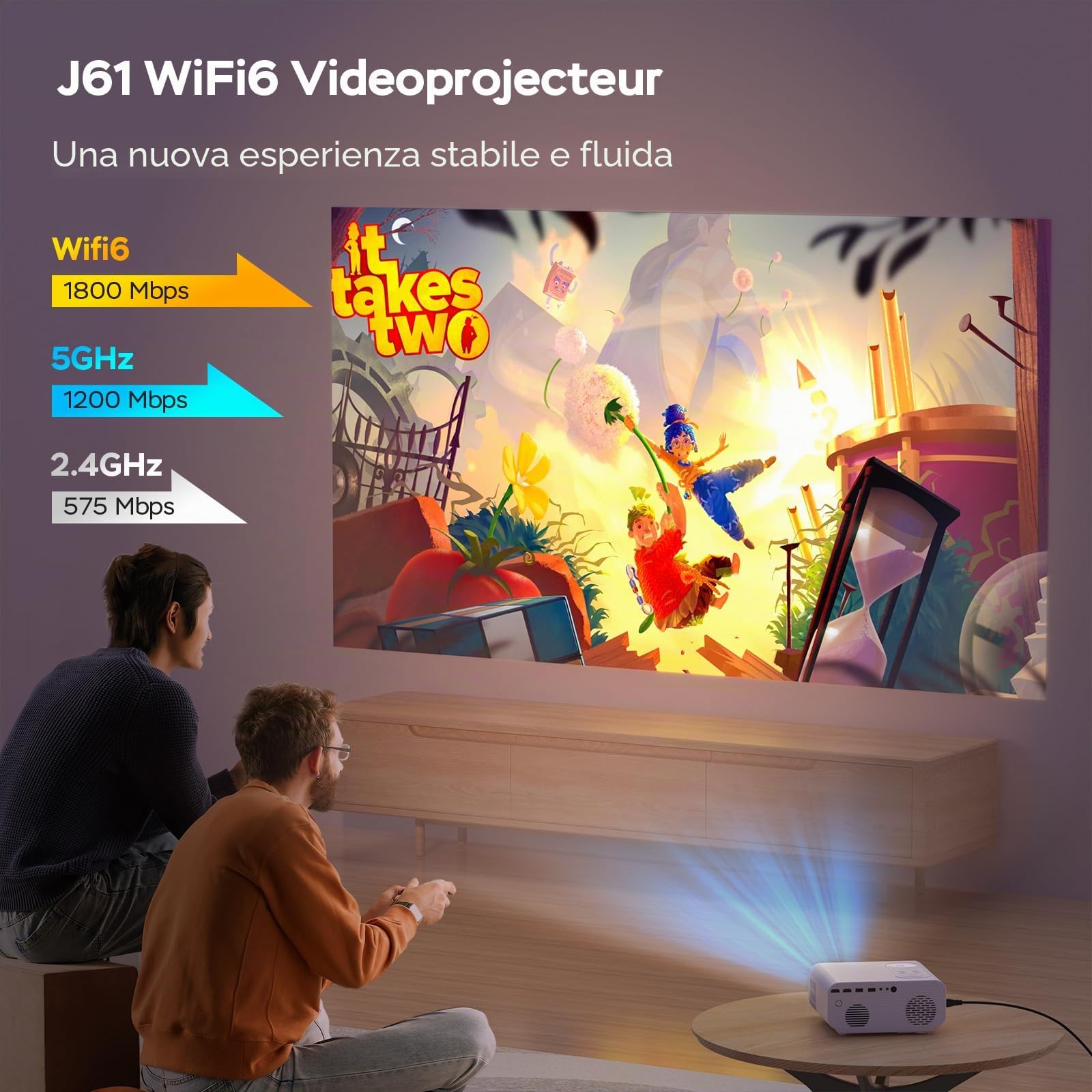 Jimveo Proiettore video 4K – Autofoco/Keystone 1000 ANSI Full HD 1080P WiFi 6 & Bluetooth, Proiettore Retrò Portatile, Home Cinema