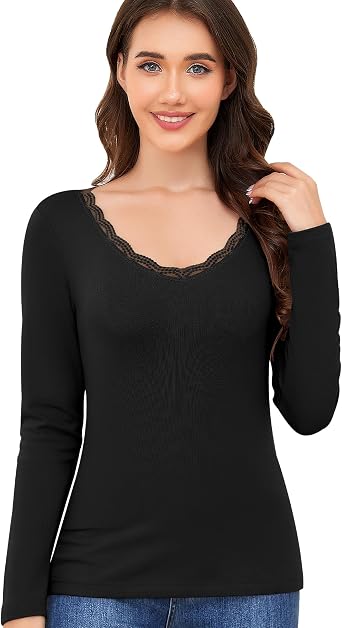 Ganado Womens Long Sleeve Shirts Lace V Neck Thermal Tops | Slim Fit, Micro Fleece, Basic Tops, Soft Stretch Undershirts, Daily Work Wear, Casual Spring & Fall & Winter Layering