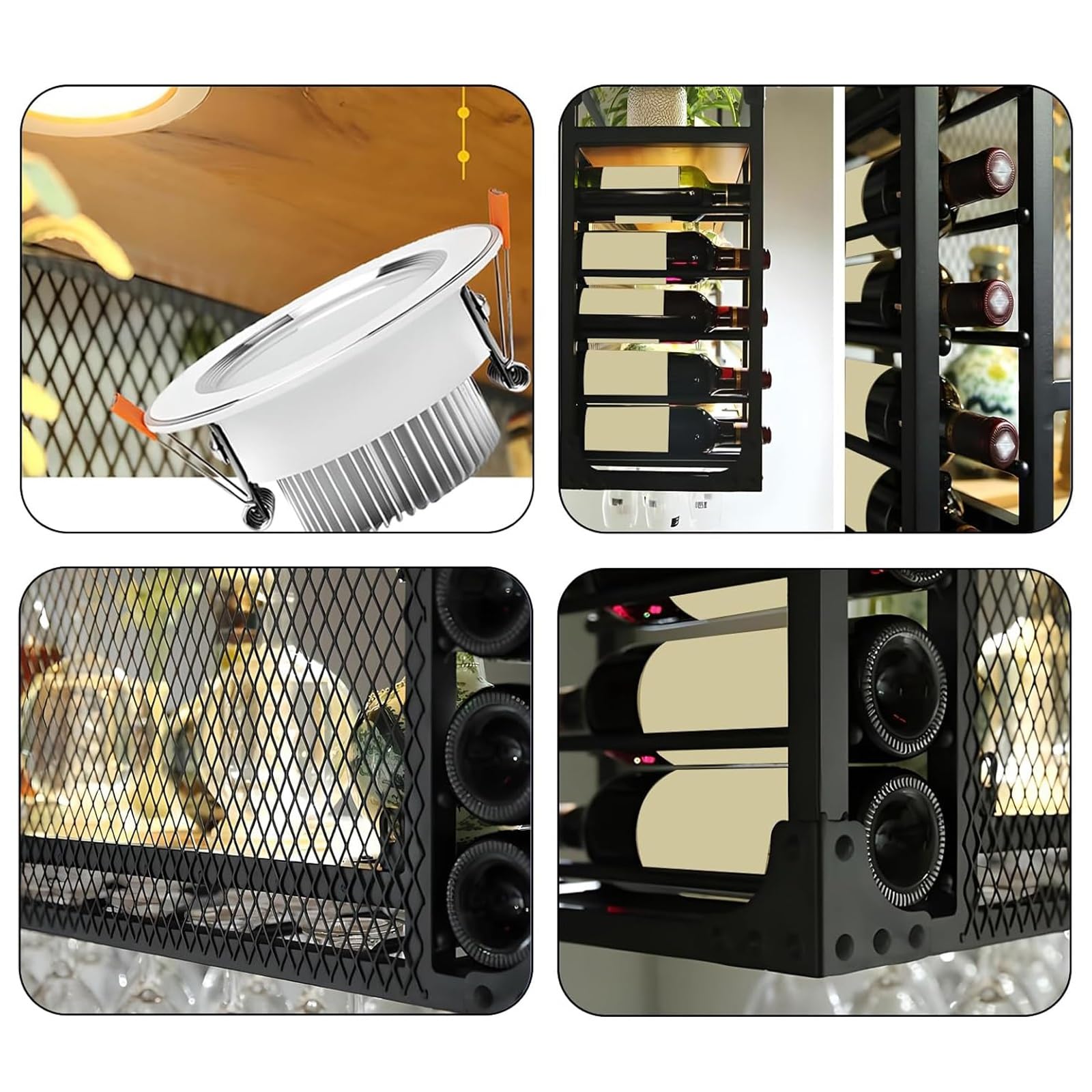 Botellero de vino con luz LED, montado en la pared, estante industrial de metal de 2 capas para el hogar, bar, cocina, cafetería, restaurante, sostiene vasos y botellas