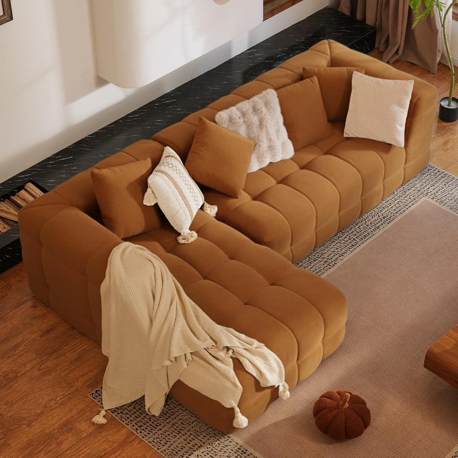 107" Orange-Brown L-Shaped Chenille Modular Sectional Sofa Tufted Comfy No Assembly