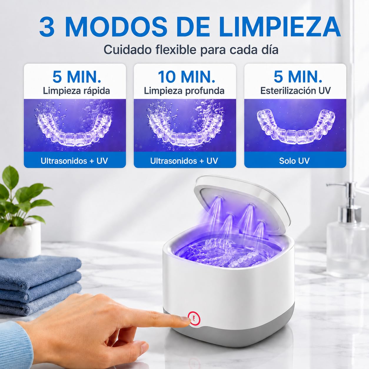 Limpiador Ultrasonidos Dental para Férulas y Retenedores (Blanco) | Depósito de 200ML, Limpieza por Ultrasonidos de 45kHz con 24W, Batería 4000mAh y 4 Lámparas UV para Dentaduras y Joyas