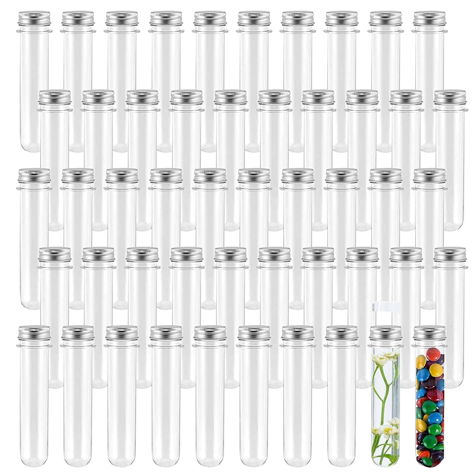 HAKZEON 75 tubos de ensayo de plástico de 40 ml con tapas, tubos de ensayo transparentes de 140 x 25 mm con hojas de protección de sello para experimentos científicos, recipiente de sal de caramelos